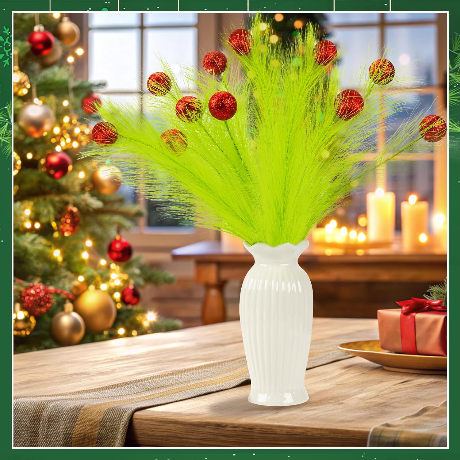 12 Pcs Christmas Tree Topper 17 Inch Lime Green Curly Tree Picks with Red Balls Xmas Artificial Green Stems Elf Ornaments for Christmas Tree Decorations Vase Fillers Wreath Craft Home Party Decor - Image 6