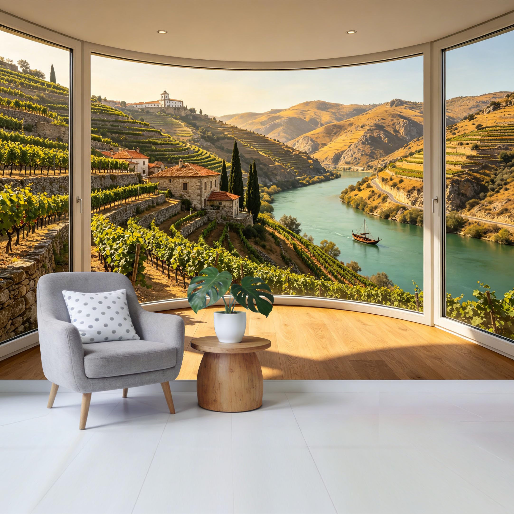 Removable Self Adhesive Fabric Mural， Sunset Mediterranean Vineyard River Landscape Custom Size Wall Covering， UV Protected Waterproof Washable Wall Decor for Living Room Bedroom Bathroom