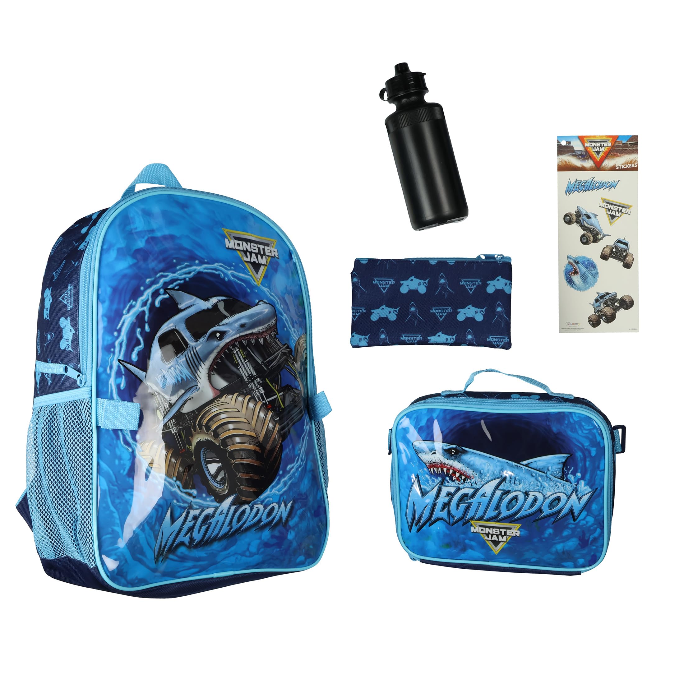 INTIMO Monster Jam Megalodon 5-Piece Backpack Mega Set with Detachable Lunch box Water Bottle Pencil Case and Stickers Set