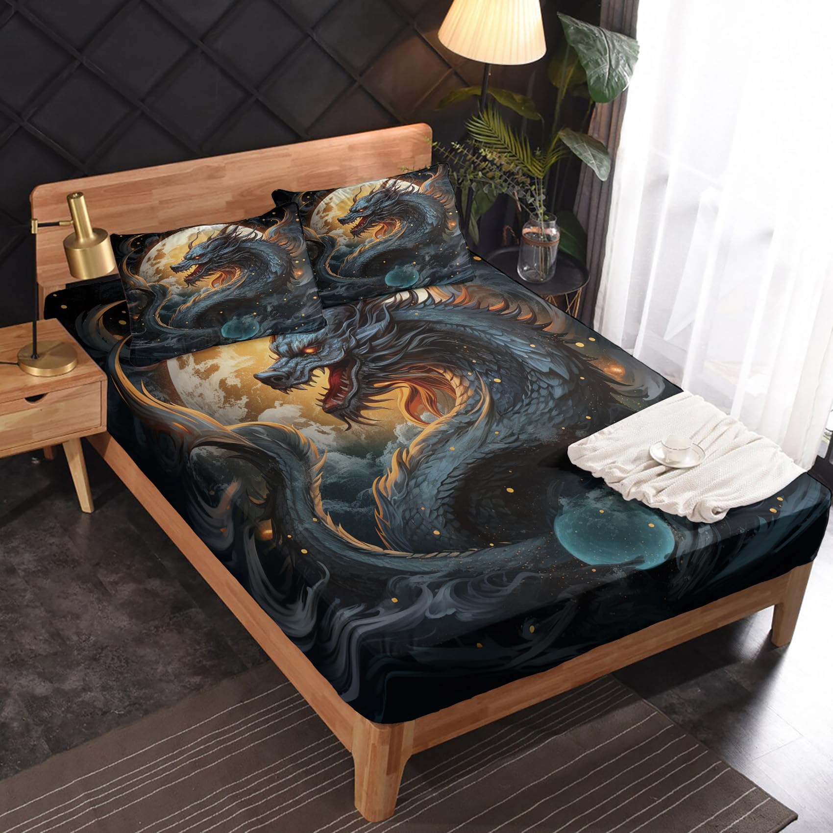 Zvynqour California King Sheet Sets - Dragon Bed Sheets - Fantasy Animal Deep Pocket Fitted Sheets & Flat Sheets & Pillowcases 4 Piece Set - Asian Bedding & Decor - Soft Cosy Microfibe