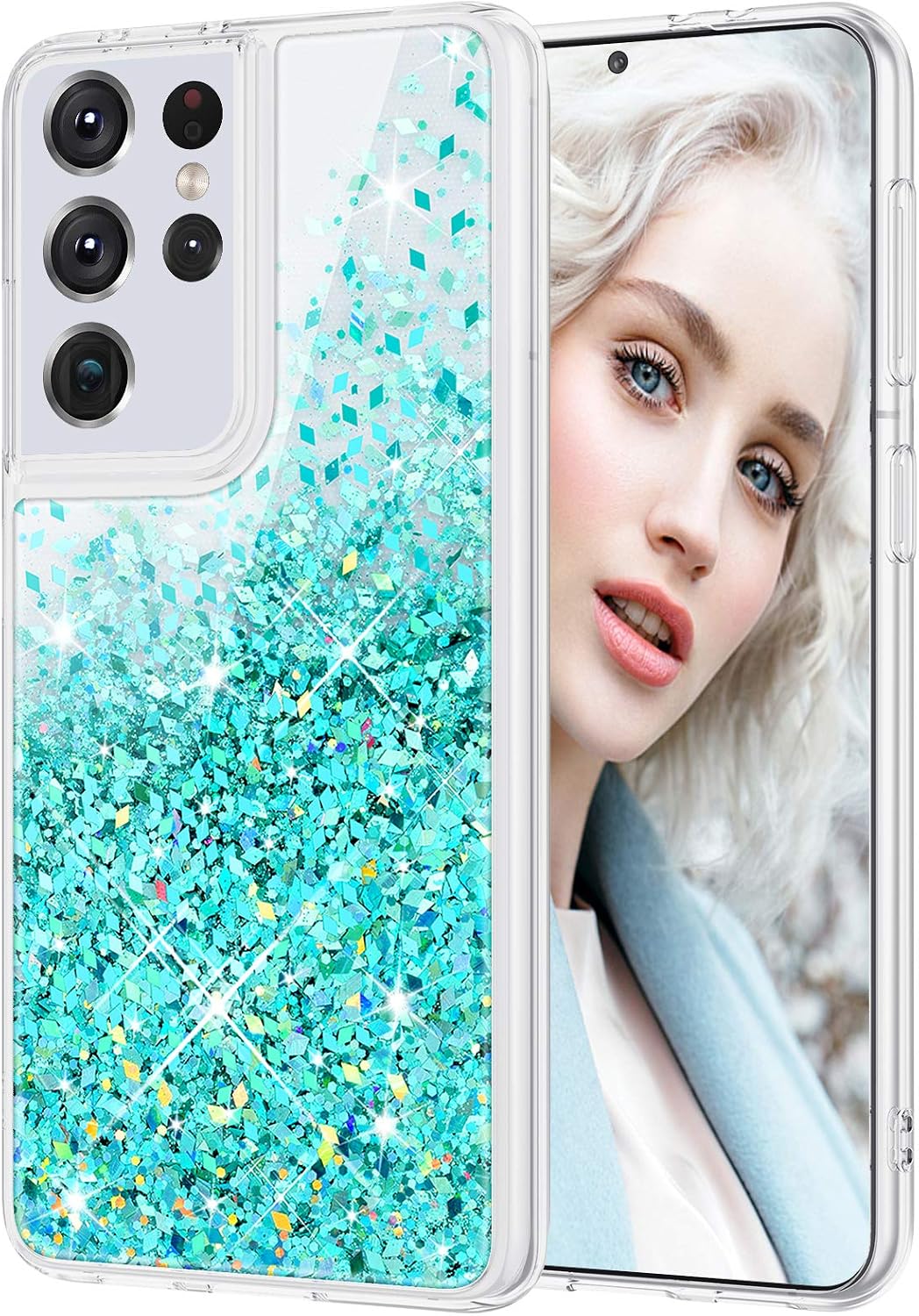Maxdara Case for Galaxy S21 Ultra Glitter Case for Girly Women Floating Liquid Bling Sparkle Pretty Case Luxury Glitter Liquid Case for Samsung Galaxy S21 Ultra 5G (Teal)