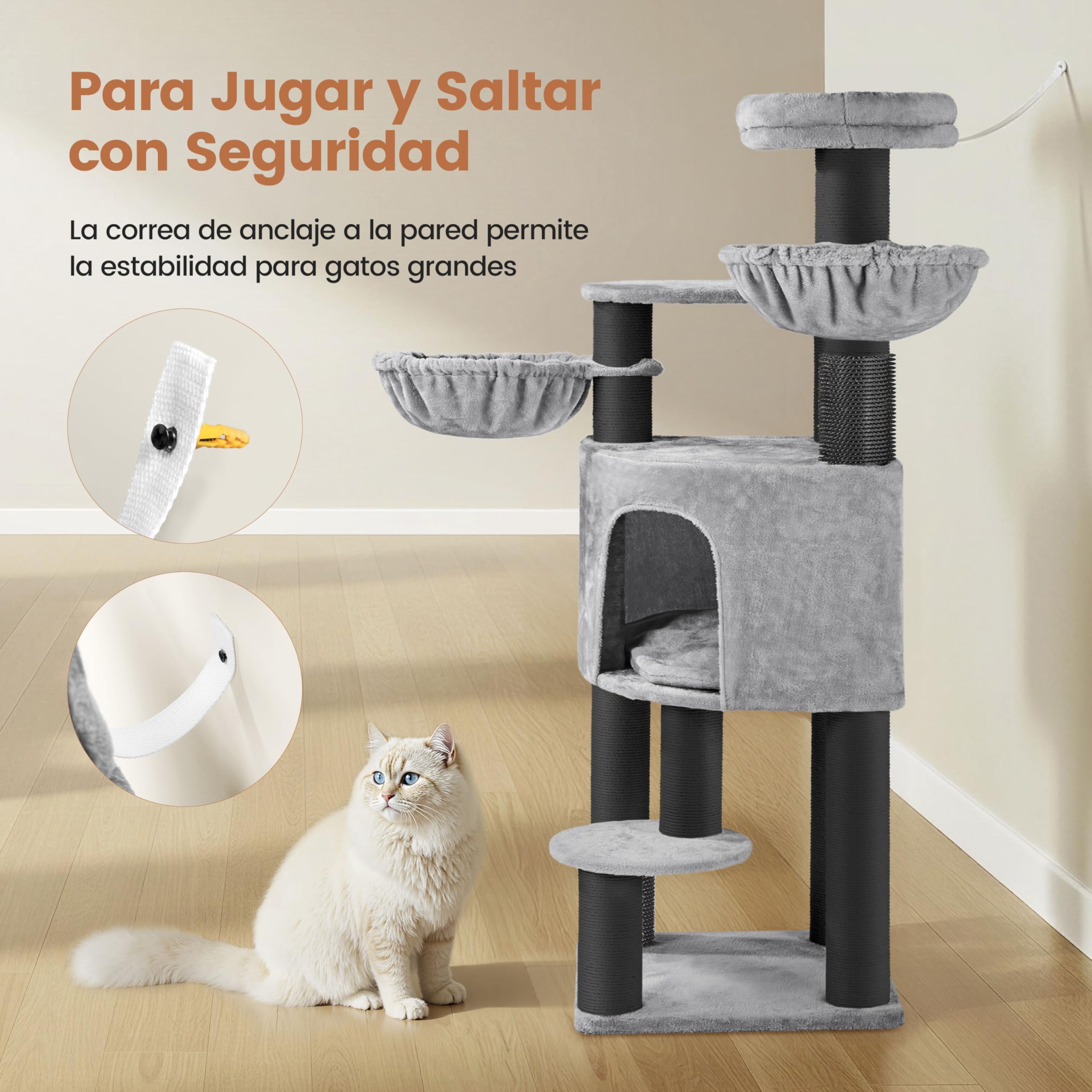 Árbol para Gatos Multinivel Torre Rascadora para Gatos con Postes Rascadores Gruesos 2 Cepillos Rodillos Percas Condominio Cestas Bola Colgante para Gatos Grandes Gris Claro/Negro