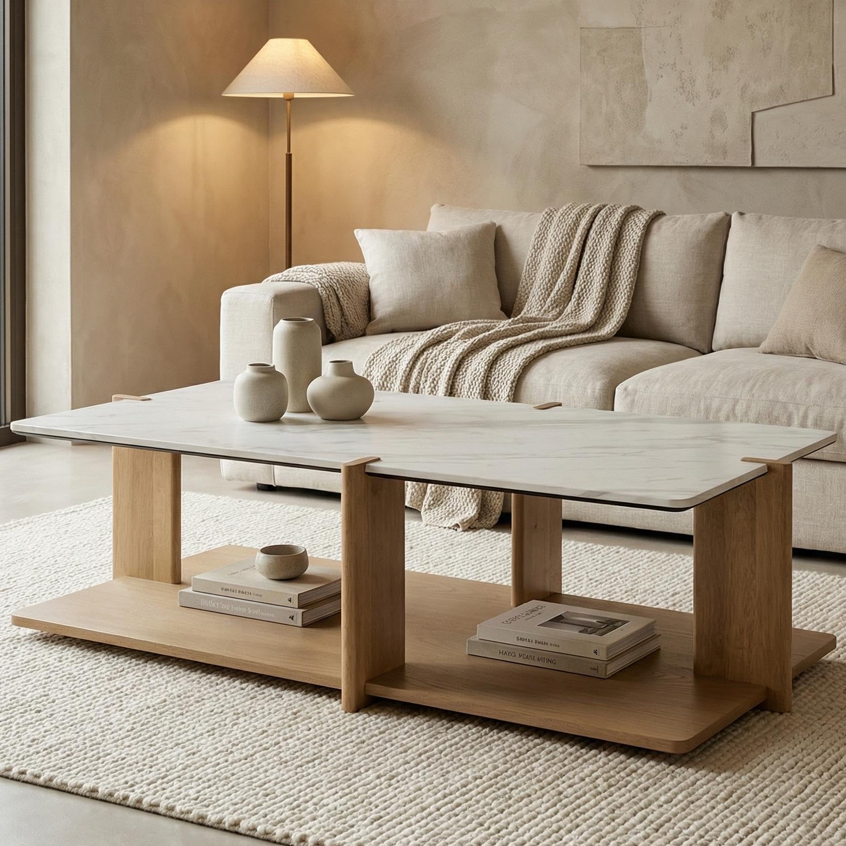 HNY 50" Modern Open Frame Coffee Table with Storage & Marble Top, Solid Wood Construction, Hollow Visual Design for Living Room, Office, Hotel Lobby - Natural