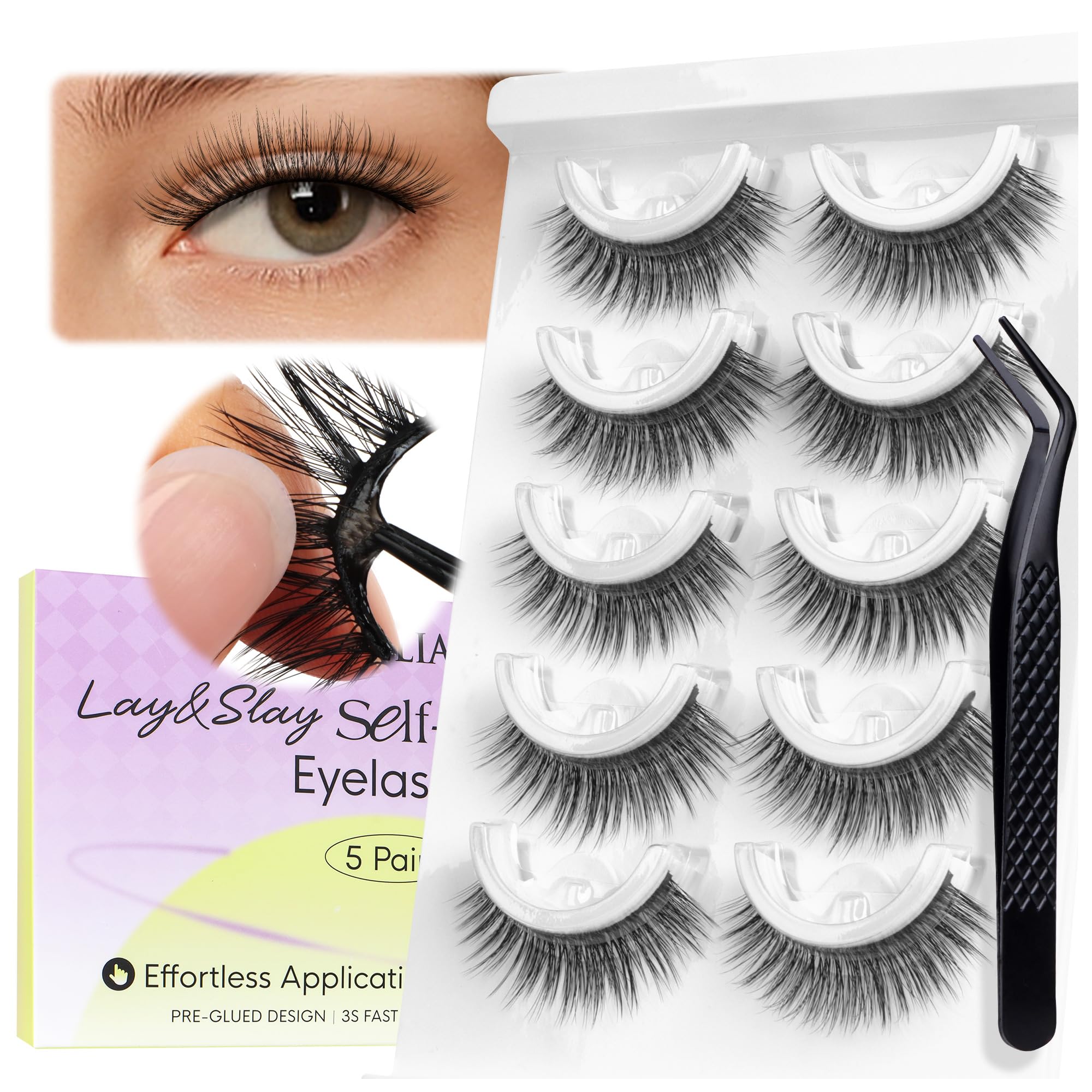 BEYELIAN Self Adhesive Eyelashes Natural Look, Pre Glued Wispy False Lashes No Glue Required, Faux Mink Eyelashes 5 Pairs