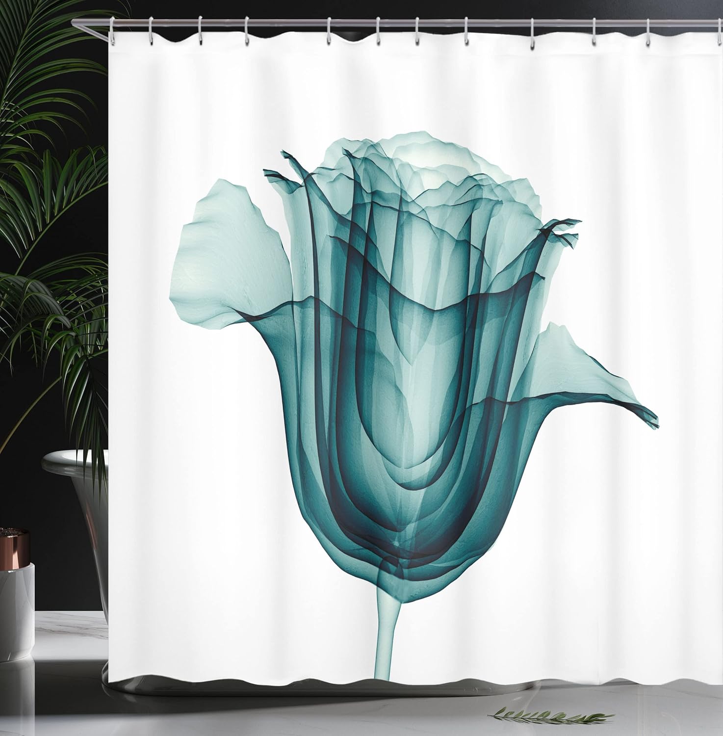 Ambesonne Flower Shower Curtain, X-ray Image of a Rose Flower Romance Creative Nature Picture Print, Cloth Fabric Bathroom Decor Set with Hooks, 69" W x 75" L, Teal White