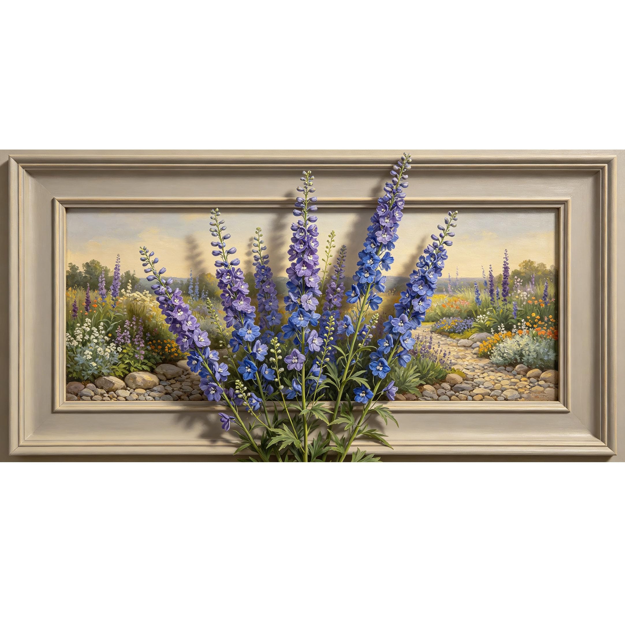 Agglomerix 3D Framed Wall Art Blue Delphinium Floral Botanical Landscape Oil Painting Effect Large Size Self-Adhesive Removable Wall Decor Prints Artwork for Living Room Bedroom Office