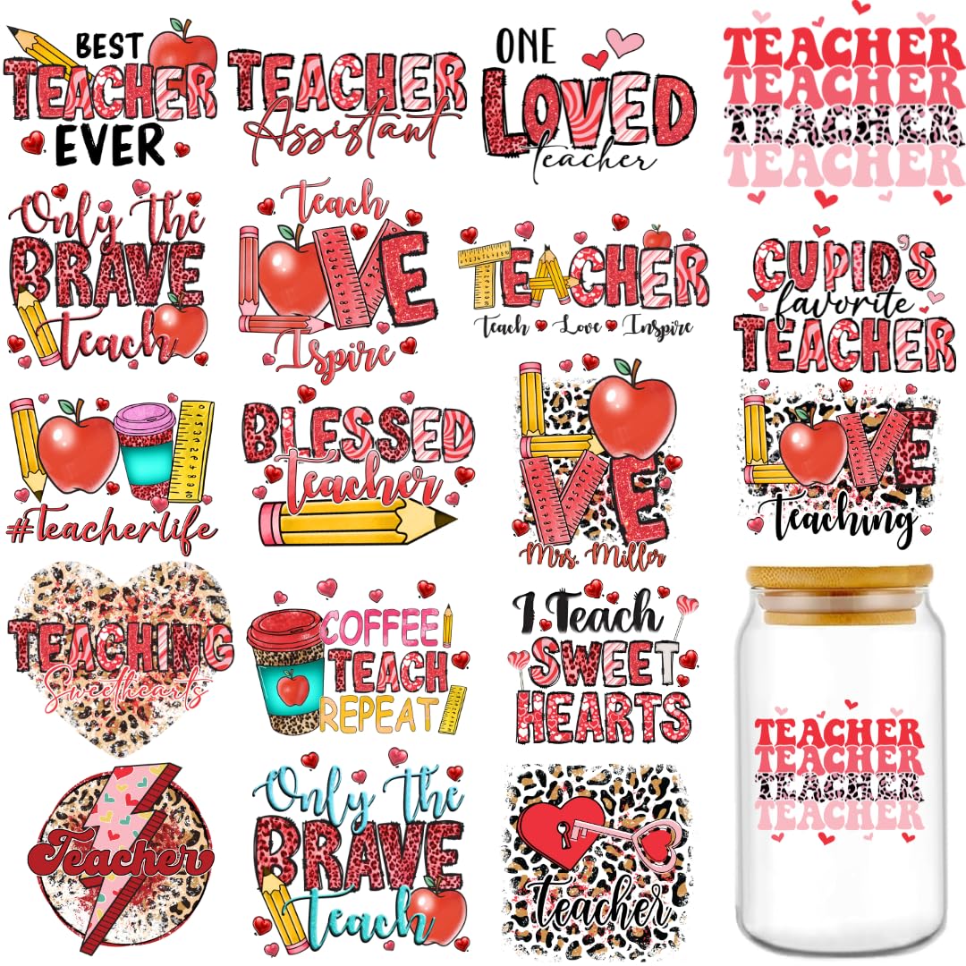 18 Sheets Valentines UV DTF Cup Wraps for 16 oz - Teacher Valentine UV DTF Cup Wraps, Valentines Day UV DTF Wraps Decals for Glass Tumbler Water Bottle Coffee Mug - Waterproof DIY Crafts for Teacher