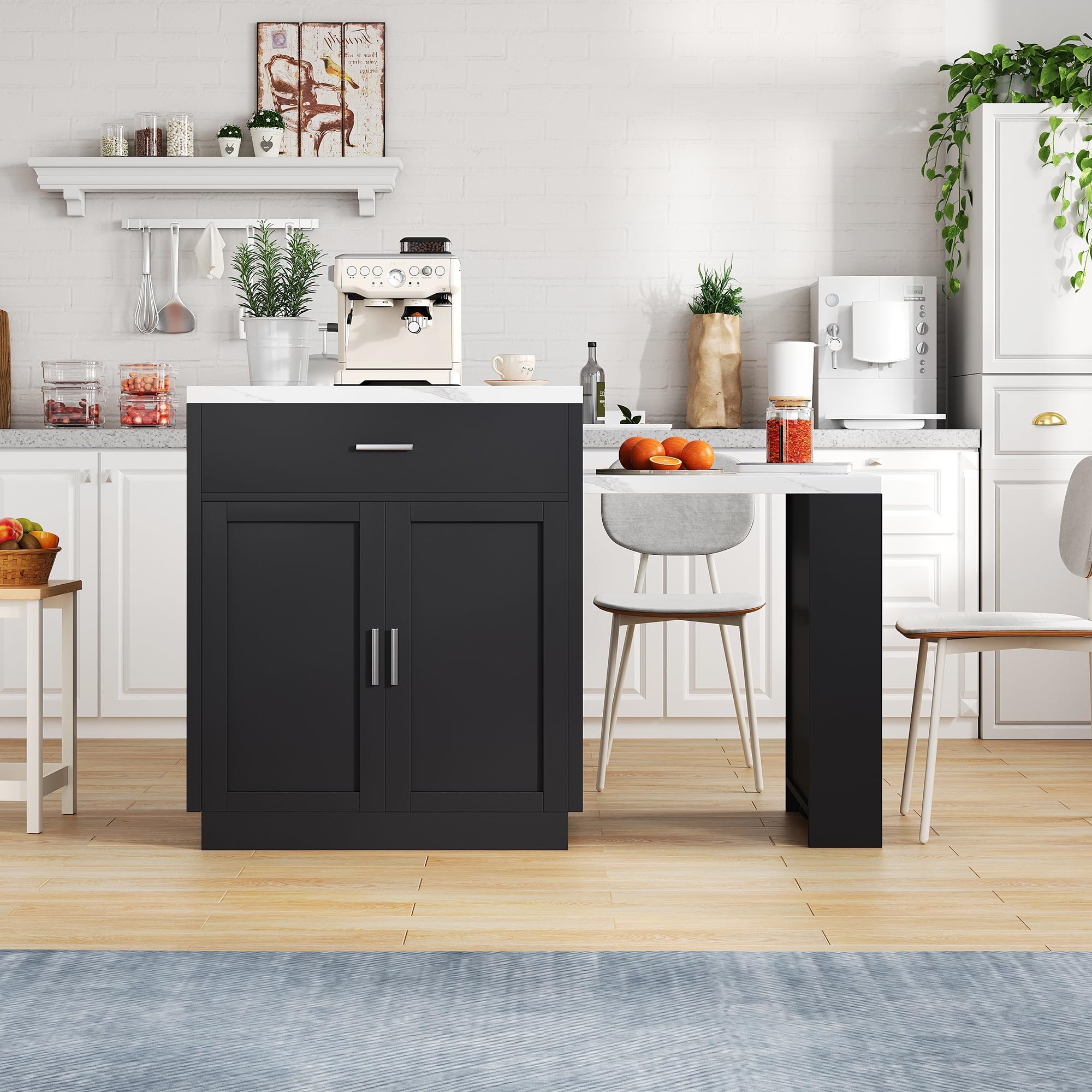 Isola da cucina con tavolo da pranzo allungabile per 4-6 persone,prese elettriche,armadietti,2 cassetti e 2 ripiani aperti sui lati,tavolo con piano d'appoggio bianco,armadietti neri