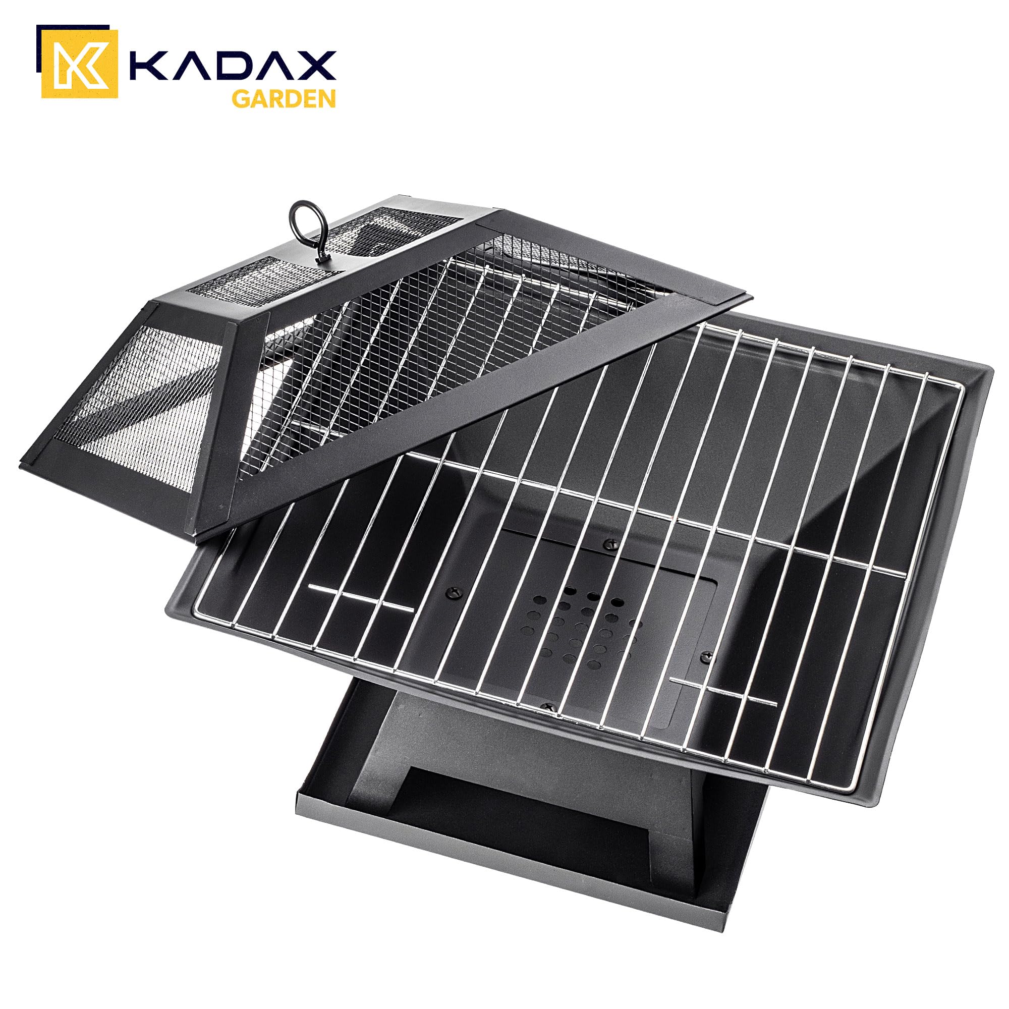 KADAX Feuerschale aus Stahl, 46 x 36 cm, Feuerkorb mit Funkenschutz, Schürhaken und Grillrost, Outdoor Feuerstelle für Garten und Terrasse (Schwarz)