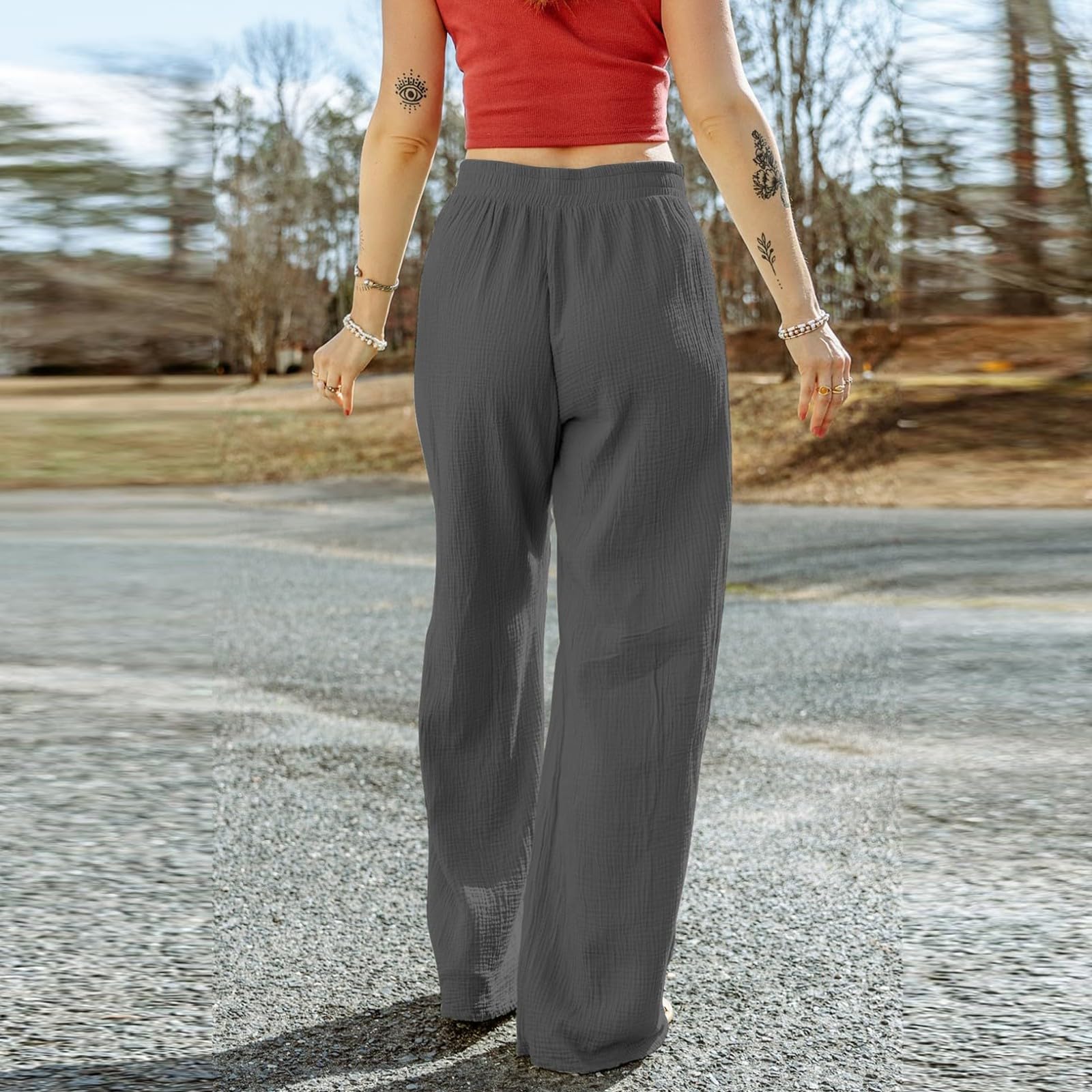 eoeioa Hose mit weitem Bein für Damen, elegante Knopfleiste, hohe Taille, Business-Hose, Sommer, Freizeit, Arbeit, Strand, Hose mit Tasche