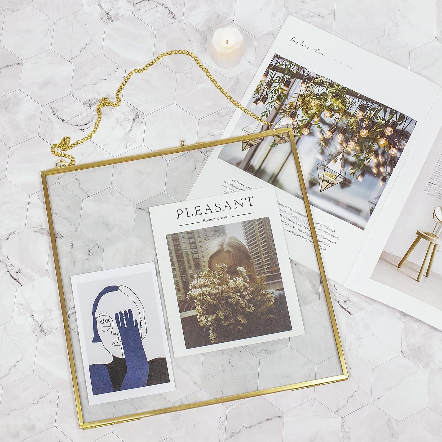 Large Brass Hanging Photo Frame for Pressed Flowers, 12x12 inch Double Clear Glass Frame DIY Artwork Picture Display Glass Clip Frames for Dried Plant Specimen Modern Wall Gold Square Ornament Frame