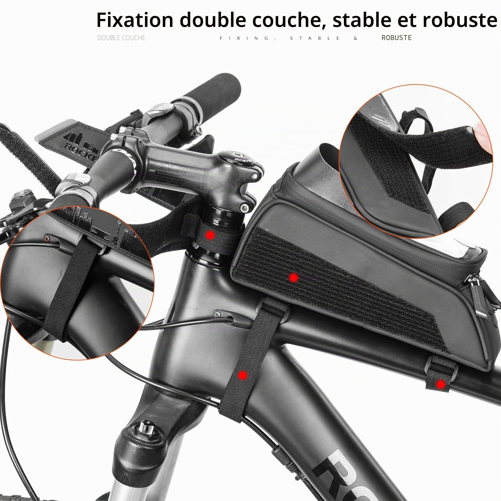 ROCKBROS Sacoche de Cadre Vélo 1,5L Support de Téléphone sous 6,5 Pouces 2 en 1 Vélo Route Sac Rangement Vélo Électrique Écran TPU Tactile Sensible Anti Éclaboussure Smartphone VTT Pare-Soleil Noir
