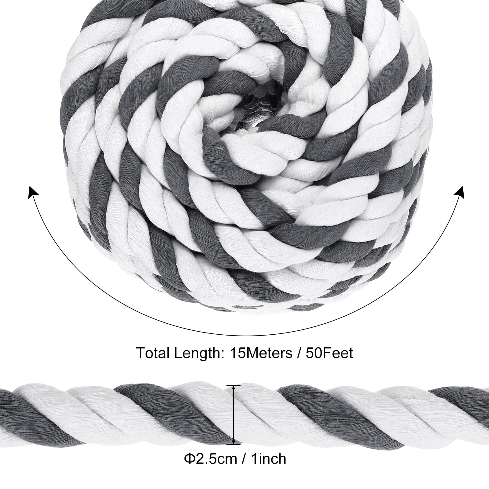 PATIKIL 1 Inch x 50 Feet Natural Twisted Cotton Rope 3 Strand Strong Thick Cotton Rope Tug of War Rope for Railings Crafts Games Home Decor Gray White - Image 2