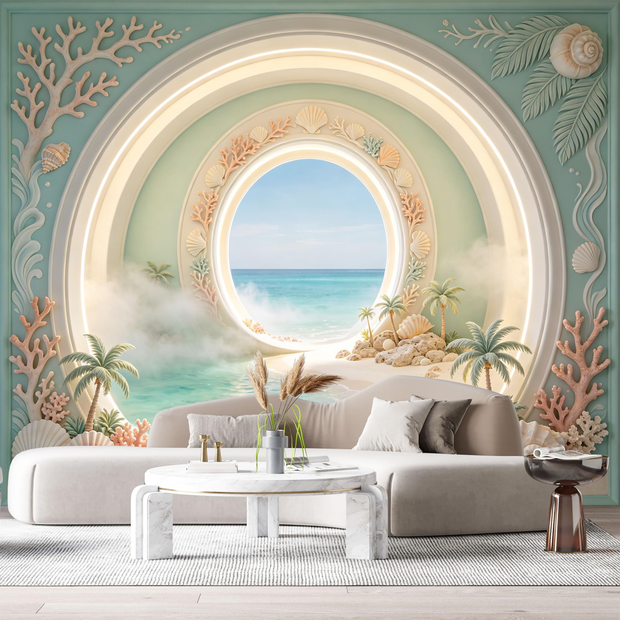 Custom Size Wall Murals Coastal Ocean Marine Tropical Beach Palm Shells 3D Trompe L'Oeil SelfAdhesiveWall Fabric Removable Wallpaper Wall Decor for Living Room Bedroom Bathroom