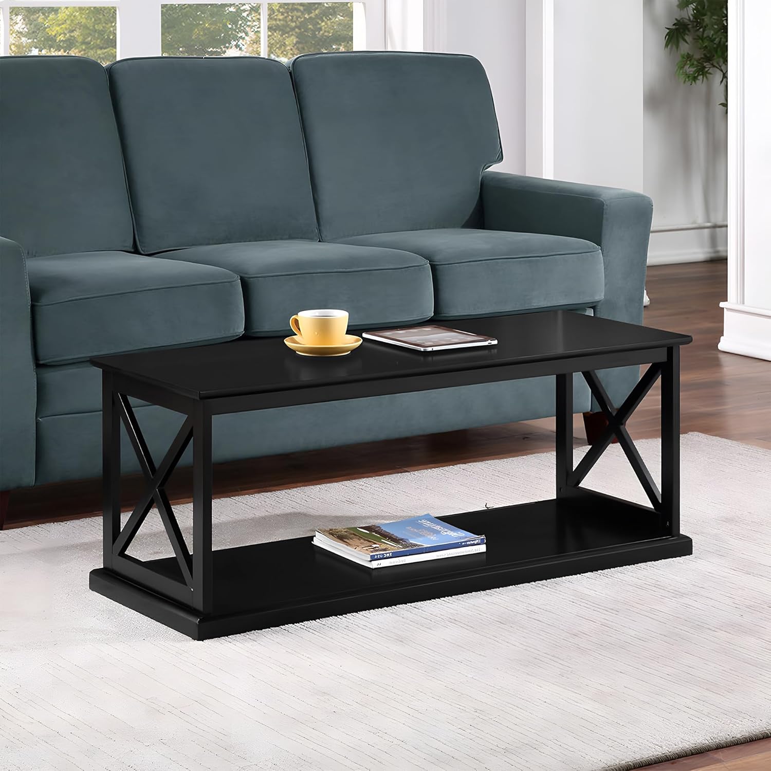 Convenience Concepts Coventry Coffee Table 47" - Farmhouse Center Accent with Storage Shelf for Transitional, Modern Living & Family Room, Black