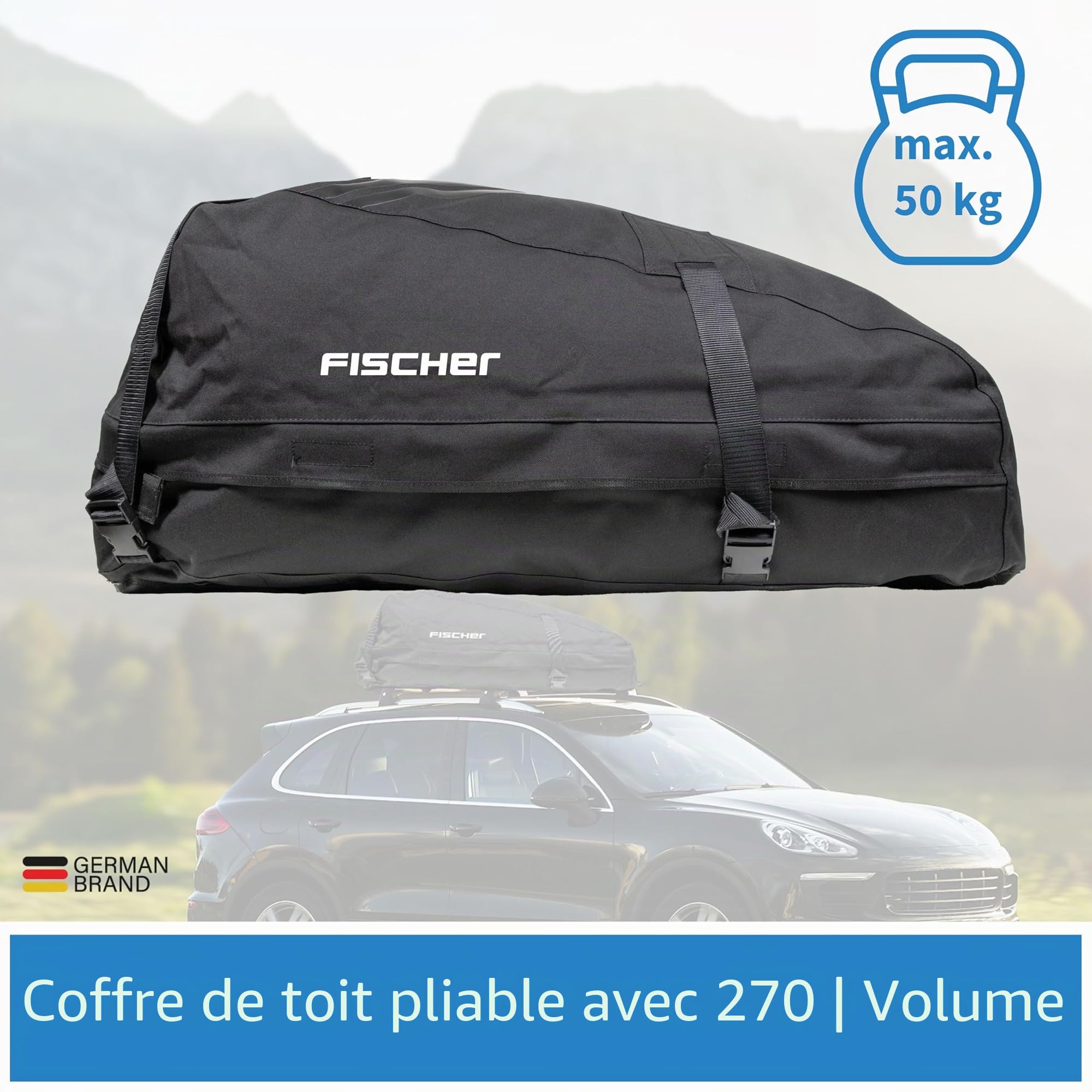 Fischer 126000 Coffre de Toit Pliable, étanche et très Solide de 270 l avec Sac de Rangement, Black | Polyamide imperméable de 270 l pour vacances en famille et camping. Se plie à 100x20x10 cm pour un rangement ultra-compact.