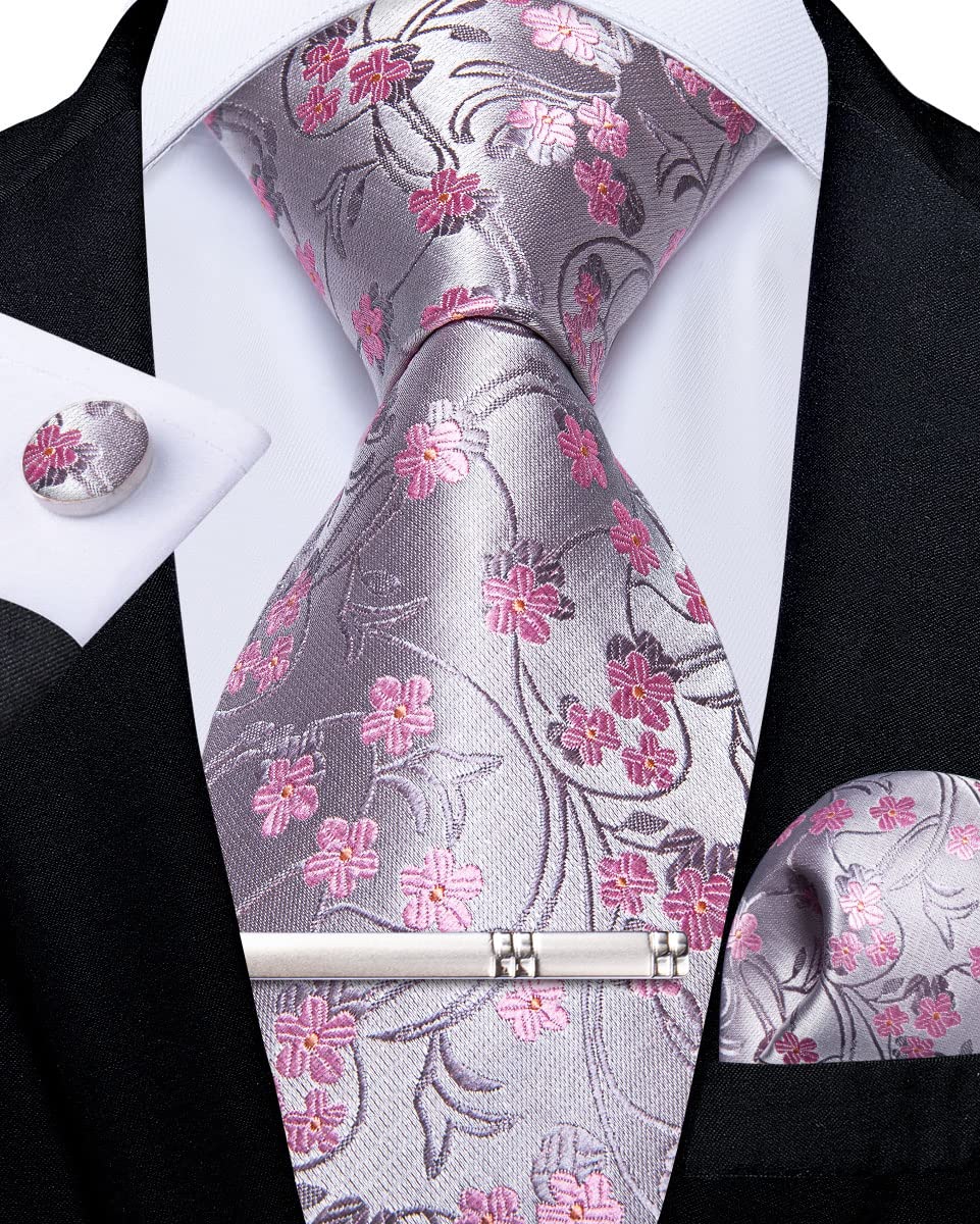 DiBanGu Juego de corbata tejida de seda para hombre, diseño floral de cachemira, con gemelos cuadrados de bolsillo, clip de corbata para boda y negocios, Floral Rosado, Taille unique