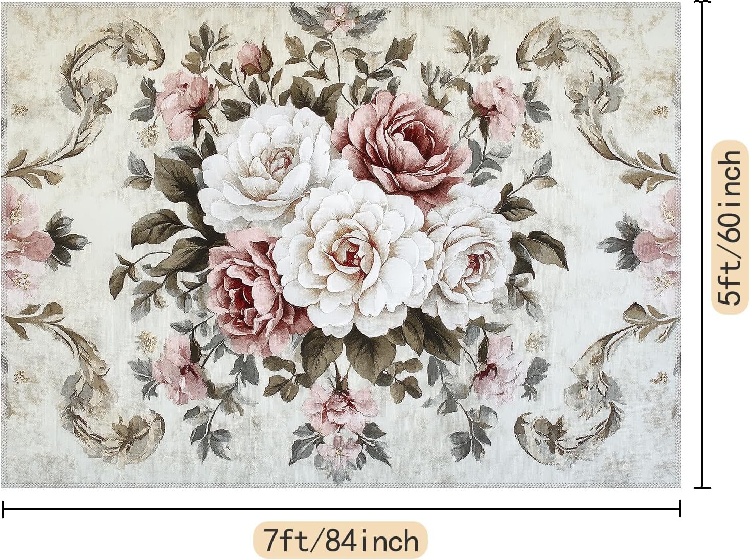 5x7 Area Rugs, Floral Print Faux Cashmere Machine Washable Non-Slip Carpet, Soft Flower Traditional Floor Mat for Living Room Bedroom, Indoor Home Decor