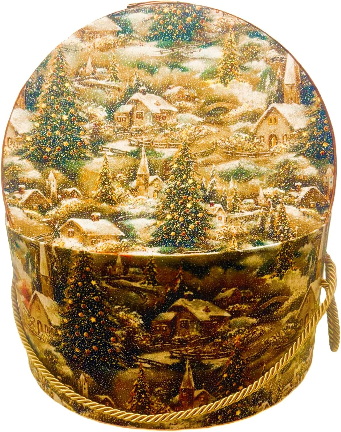 Christmas Fabric Covered Hat Box – 12.5” Round x 6.5” High | Festive Holiday Gift Box with Lid Reusable Vintage-Style Christmas Décor Box