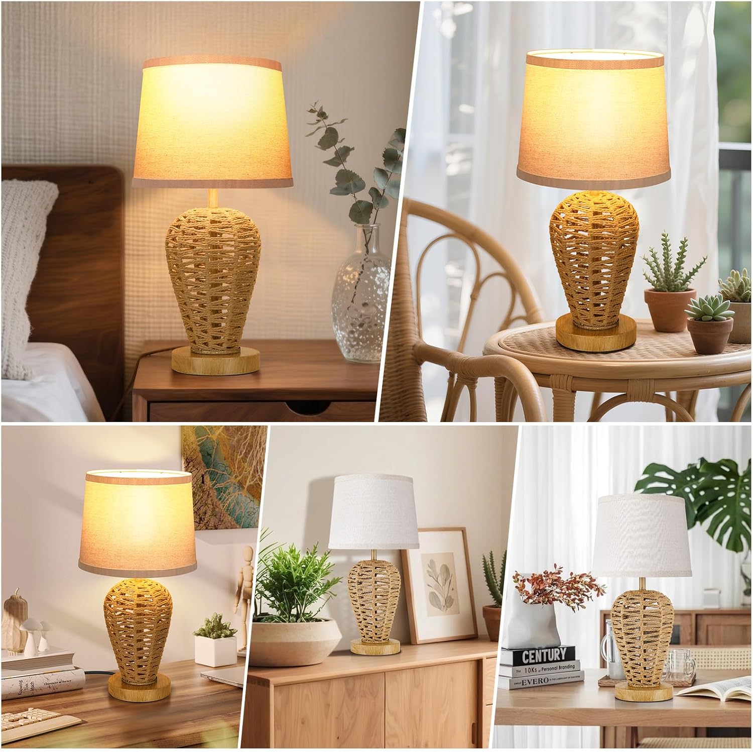 Boho Table Lamp,Touch Control & 3 Way Dimmable, 100% Hand Woven Rattan Coastal Farmhouse Bedside Nightstand Lamp for Bedroom, Living Room, Office (Bulb Included)