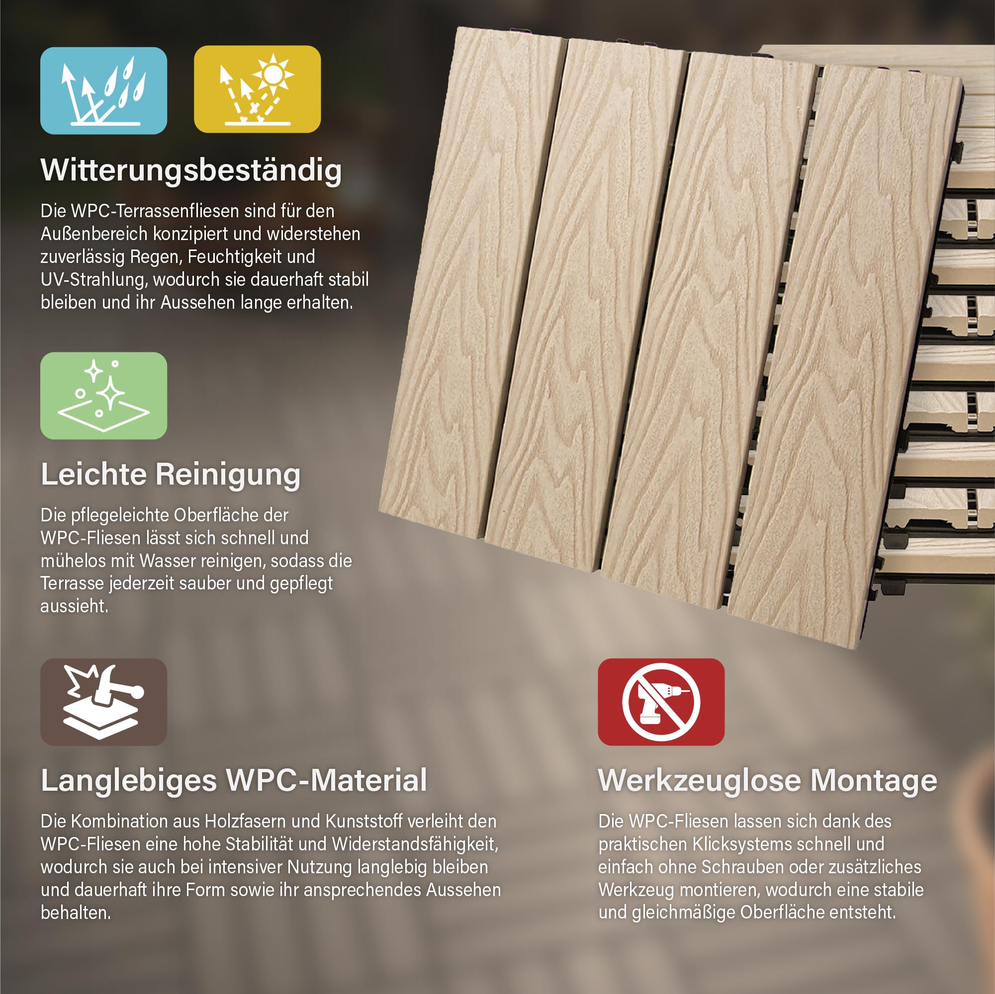 4iQ WPC-Terrassenfliesen mit Klicksystem, 10 Stück Holzoptik, 30x30x2 cm, Wetterfest, für Balkon, Terrasse und Patio, Fliesen Boden (Beige)