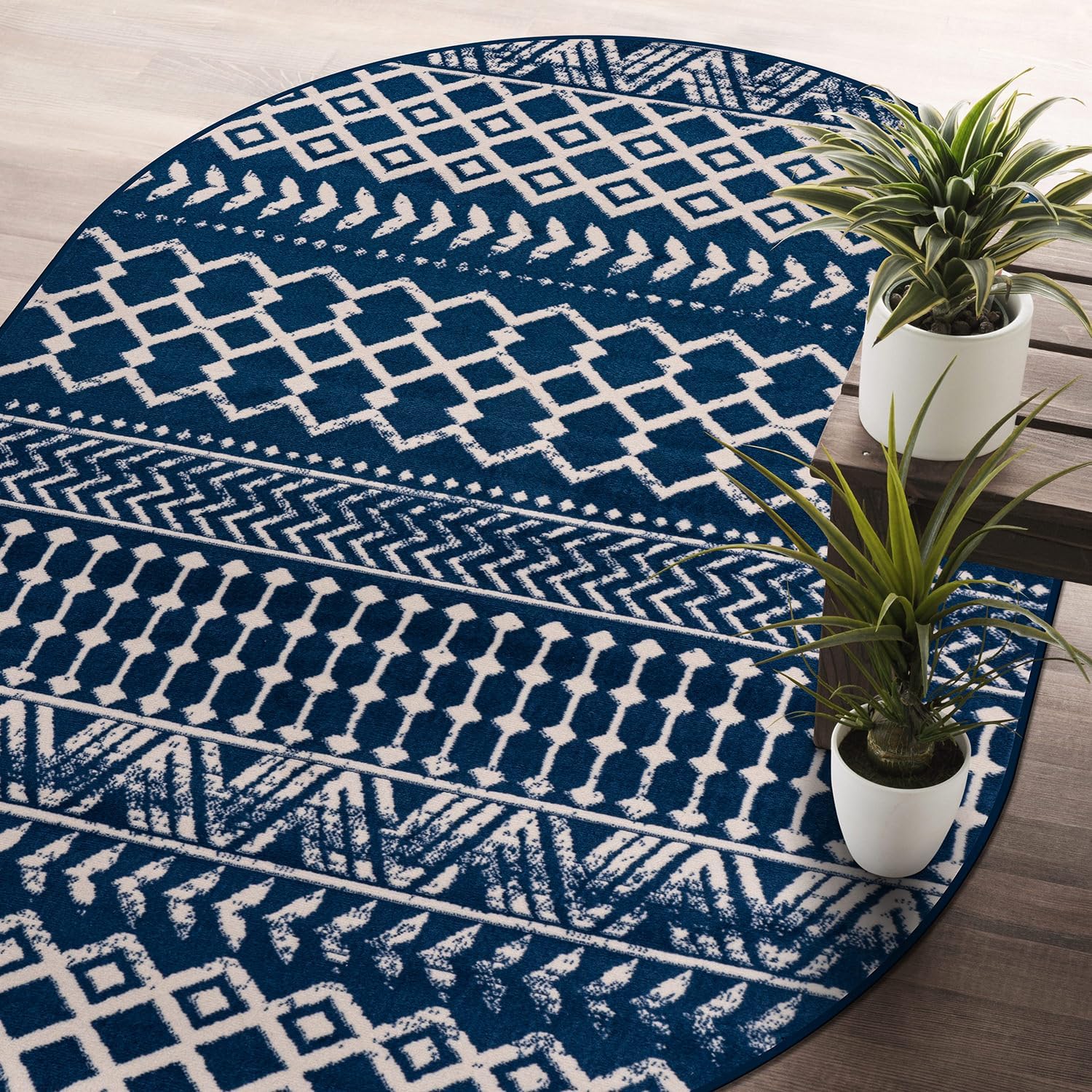 CAMILSON Boho Moroccan Navy Blue Oval Rug Geometric Diamond