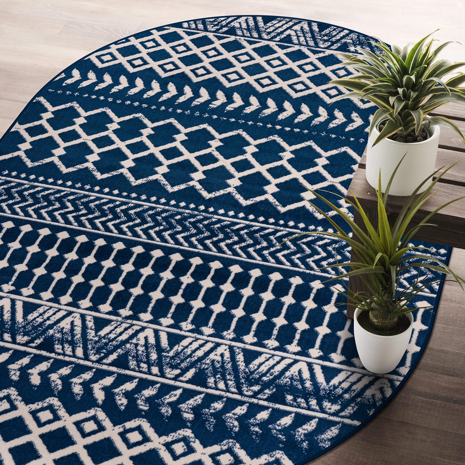 CAMILSON Boho Moroccan Navy Blue Oval Rug Geometric Diamond 5x7 Area Rugs for Living Room Bedroom Kitchen Modern Bohemian Soft Stain Resistant Non-Shedding Indoor Carpet (5 x 7 Navy and Cream)