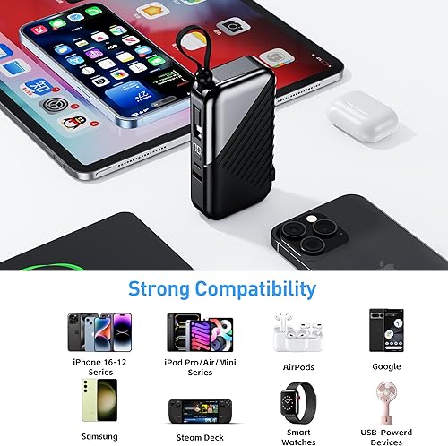 Miniatura 7 de Cargador portátil con enchufe de pared, banco de energía de 10000 mAh para iPhone 27 W, cargador portátil con cable integrado, cargador de teléfono