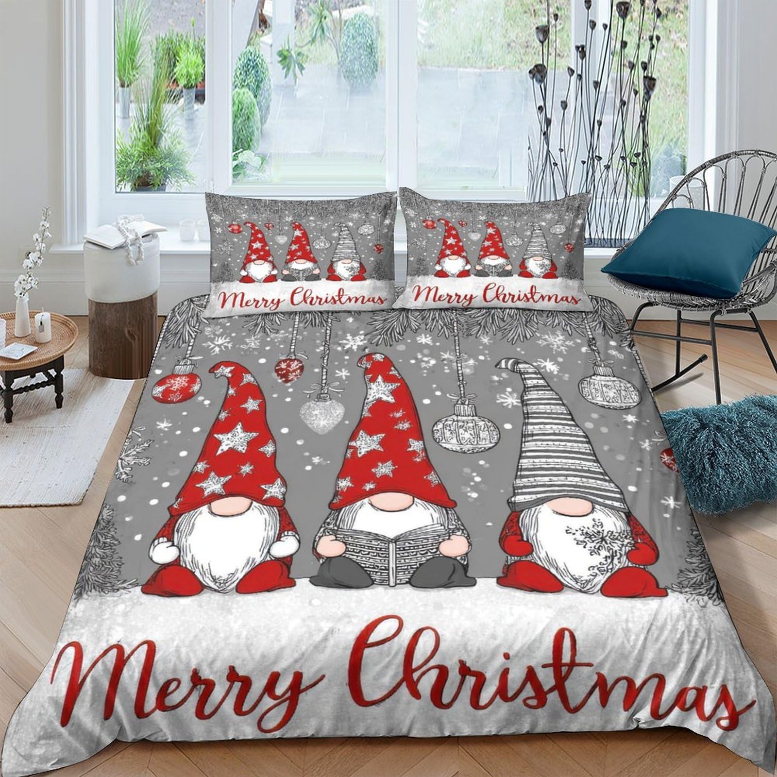 Ctjqhvkz Style-3 3D Printed Christmas Gnome Fitted Sheet Microfiber Soft Grey Red Snowflake Bed Cover For Bedroom Guest Room Holiday Decor Single（135X200cm）