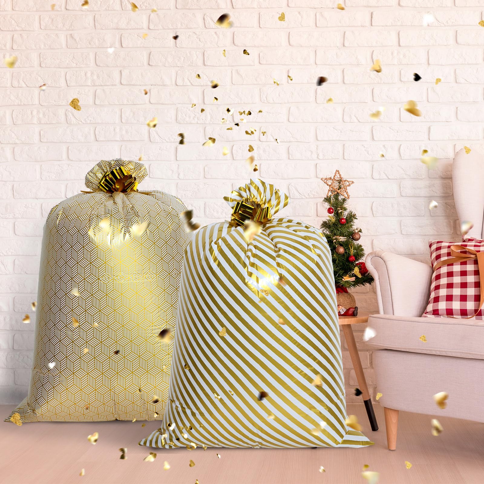 Fulmoon 4 Pcs 48 Inch Jumbo Gift Bag Golden Extra Large Bags with Pull Flowers, Plastic Giant Gift Oversized Wrapping for Graduation Wedding Birthday Baby Shower(Gold)