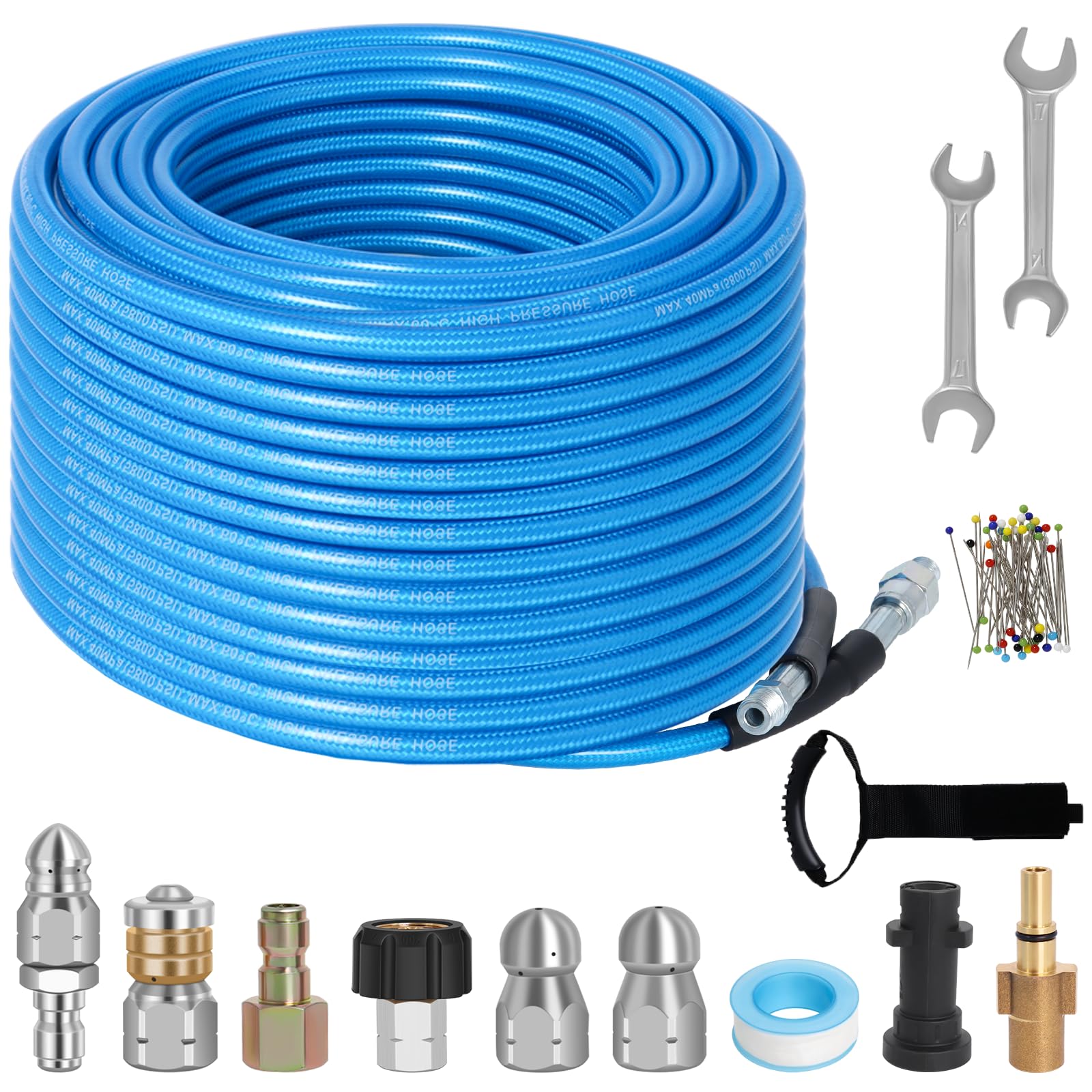 Tuyau de nettoyage de canalisations 30 m - Kit de nettoyage pour Kärcher K2-K7, nettoyeur haute pression Bosch - 5800 PSI - Jet d'eau - Tuyau de débouchage (bleu)