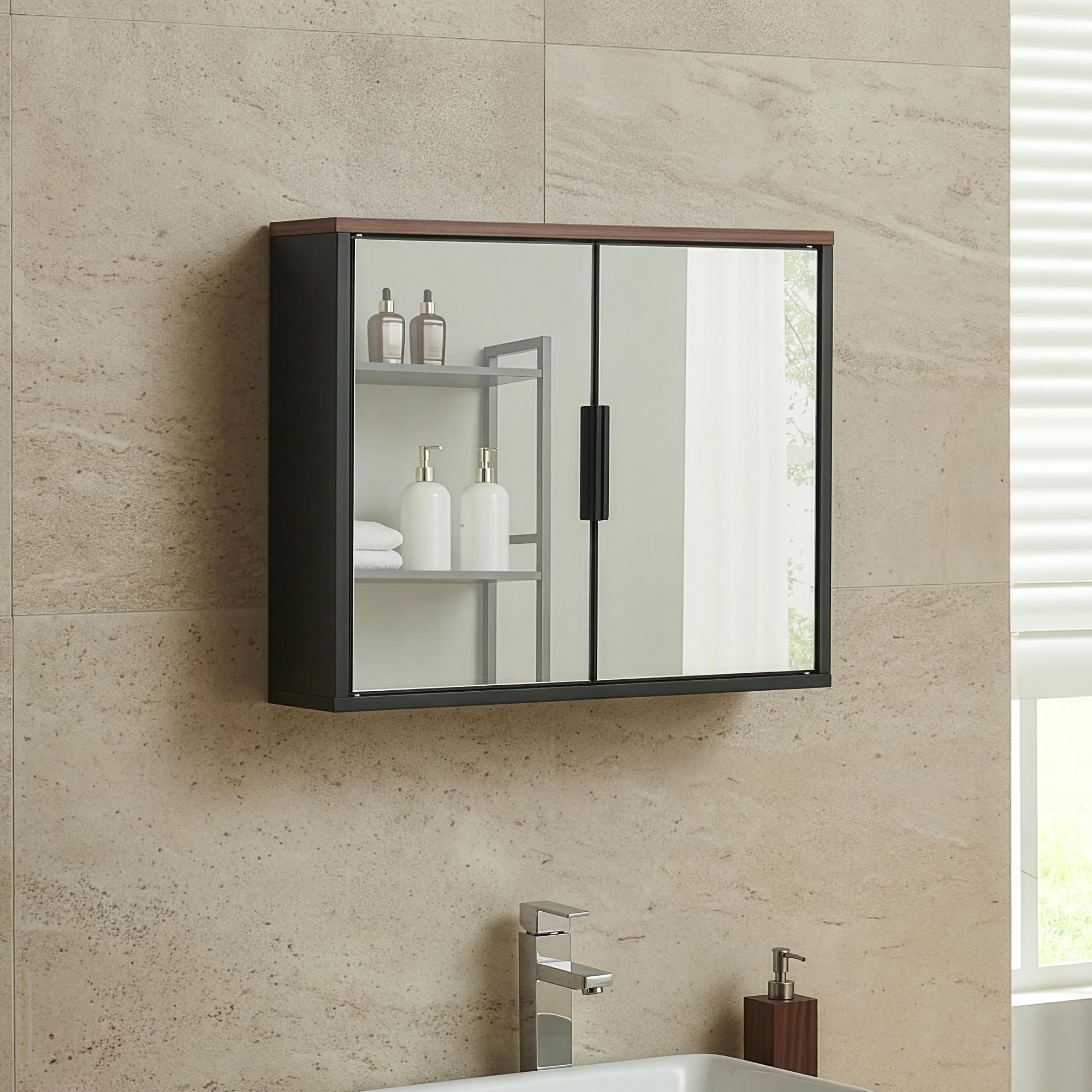 [en.casa] Spiegelschrank Bad Trond Hängeschrank Badspiegelschrank mit 2 Türen Badezimmerschrank hängend 50 x 60 x 15 cm Badschrank mit Spiegel Schwarz/Walnussoptik