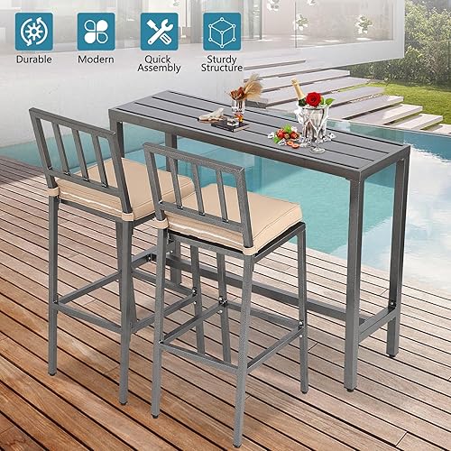 Miniatura 42 de Mesa de bar para exteriores, consola de patio, mesa de altura con marco de acero recubierto de polvo, resistente a la intemperie, parte superior Gris