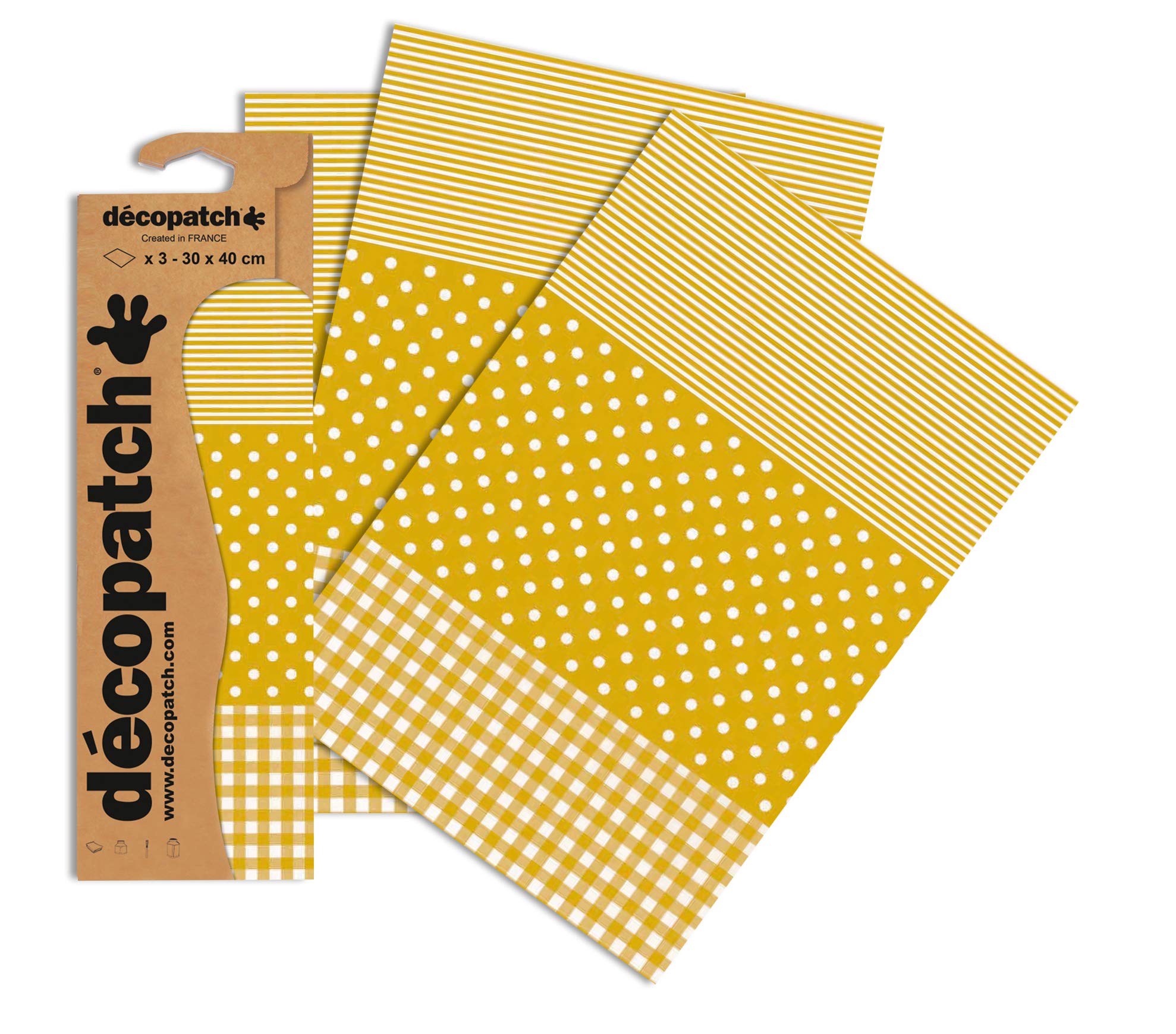 Décopatch - Ref C543O - Gold & White Spots, Stripes and Gingham Paper Pack - Each Sheet 30 x 40cm, Pack of 3 Paper Sheets - Best Used With Décopach Glue & Varnish, Gold & White — image 1