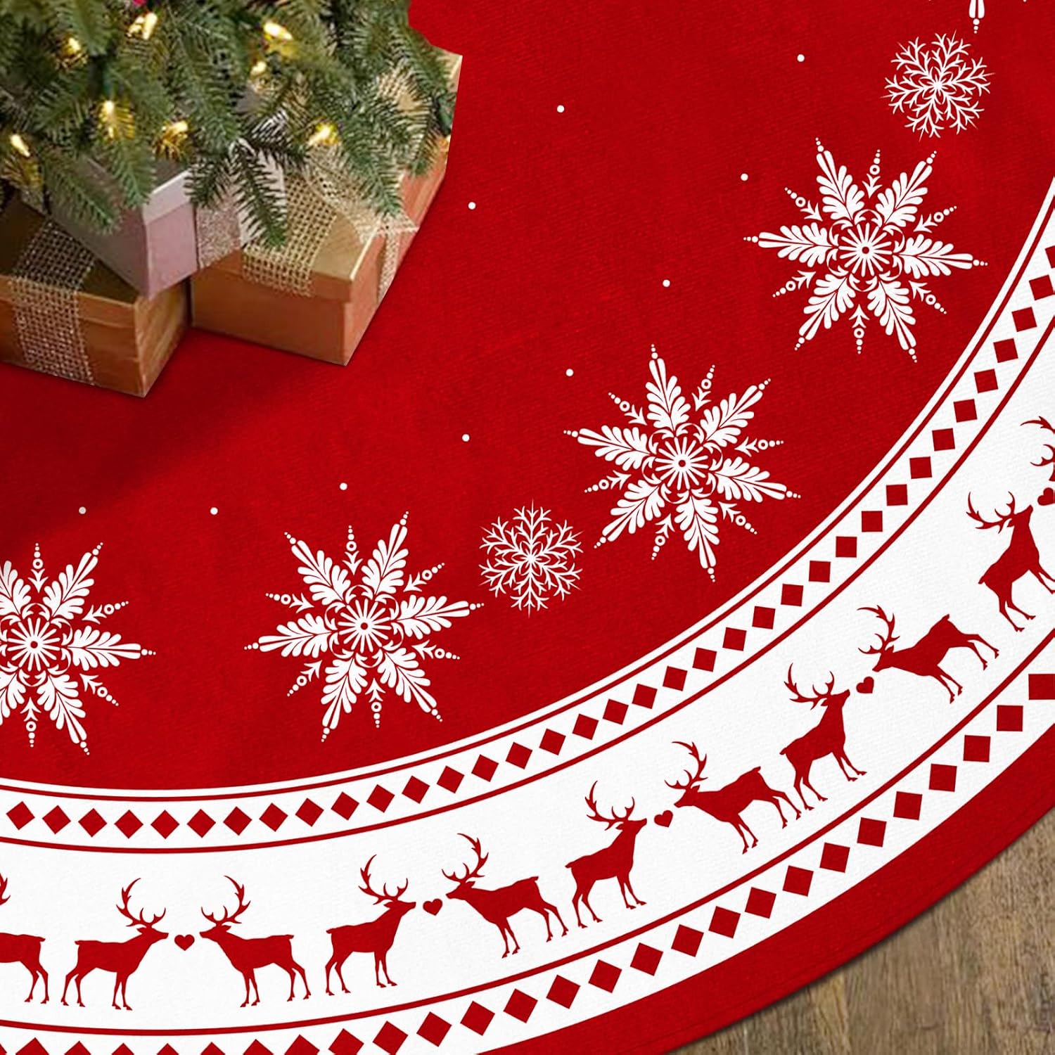 Christmas Tree Skirt 48 inch Large Tree Skirt Snowflake Reindeer Red Xmas Tree Skirt Rustic Christmas Tree Mat Decorations for Winter New Year Holiday Party Decor Indoor Outdoor (Santa, 48inch)