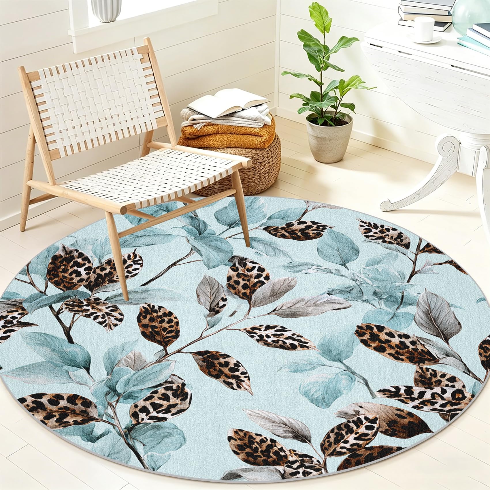 Tapis rond lavable et antidérapant bleu clair de 100cm à motif feuilles de plante