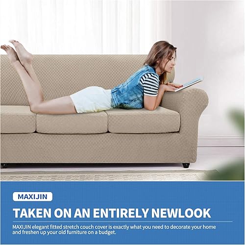 Miniatura 2 de MAXIJIN Fundas de sofá de 4 piezas para sofá de 3 cojines + fundas de sofá de 3 piezas para 2 cojines (caqui)
