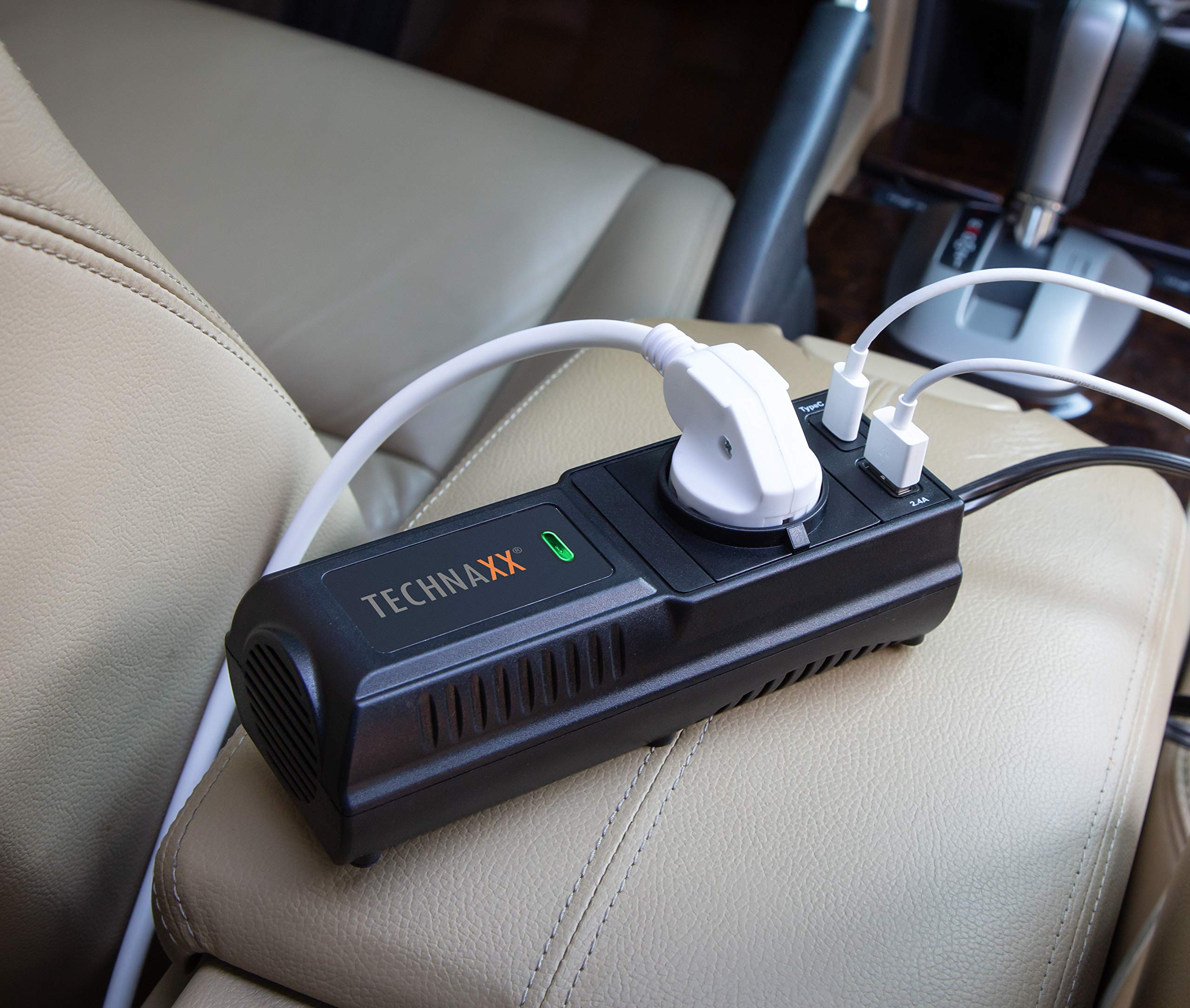 Technaxx Car Inverter 200W, convertidor de voltaje de 12V a 230V con 2 puertos USB, 1 toma Schuko, protección de alto/bajo voltaje y sobrecarga - Transformador de voltaje para encendedor TE21
