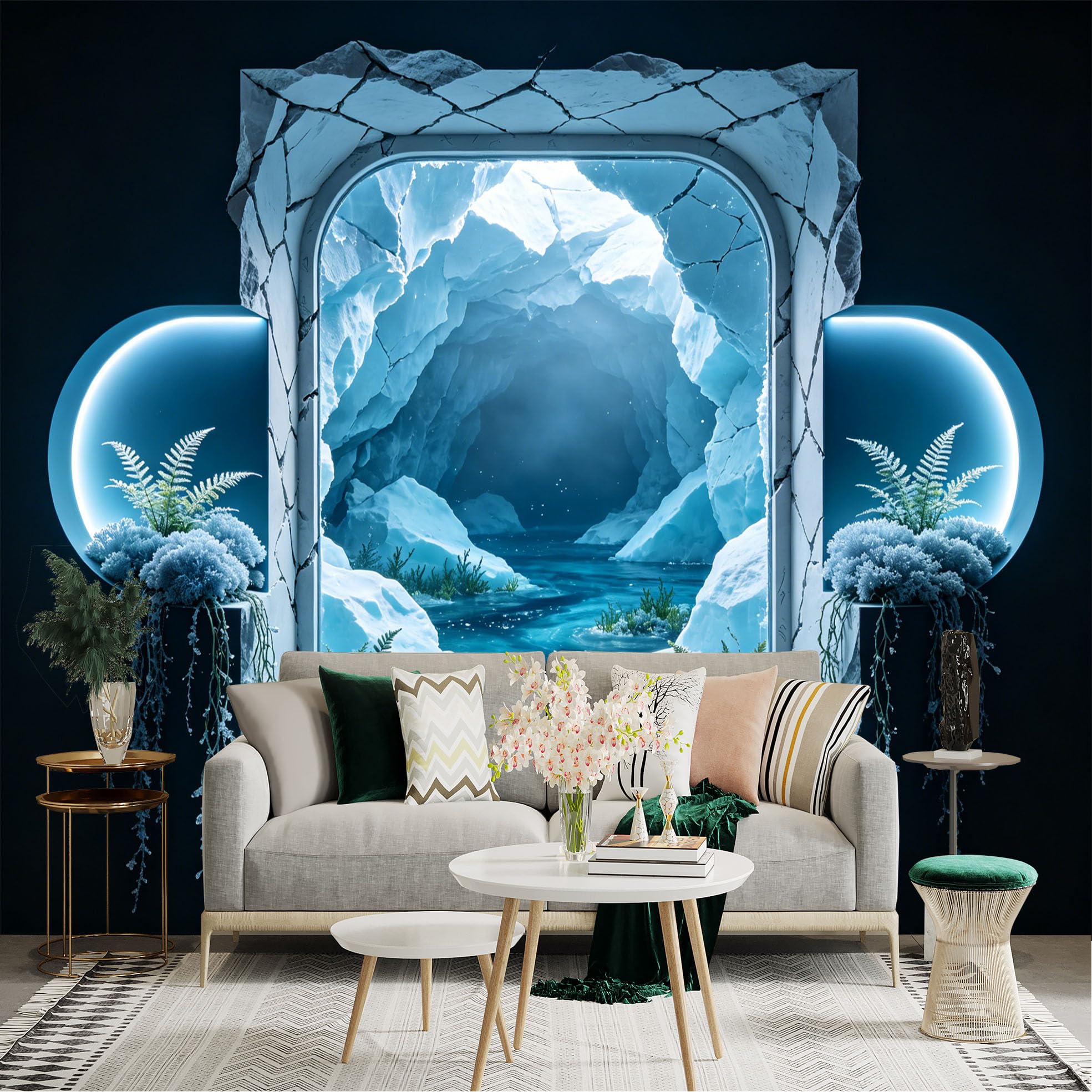 Custom Size Wall Sticker Mural， Ice Cave with Frozen Lake， Ferns and Blue Light Decor， for wall Decoration， peelandstick wall Decals.