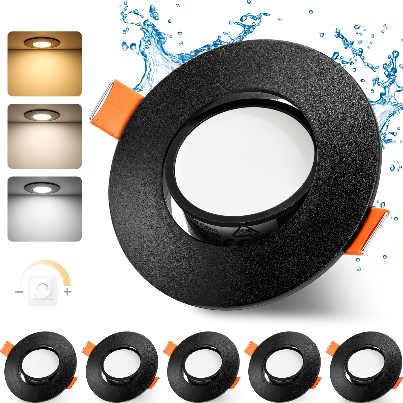 GeyouLux LED Einbaustrahler 230v Dimmbar 68-80mm 4.9W IP44 Ultra Flach LED Spots 3000K/4000K/6000K Deckenspots für Badezimmer Wohnzimmer 45°Schwenkbar Einbauleuchten Küche Spots Deckenleuchte 6er Set