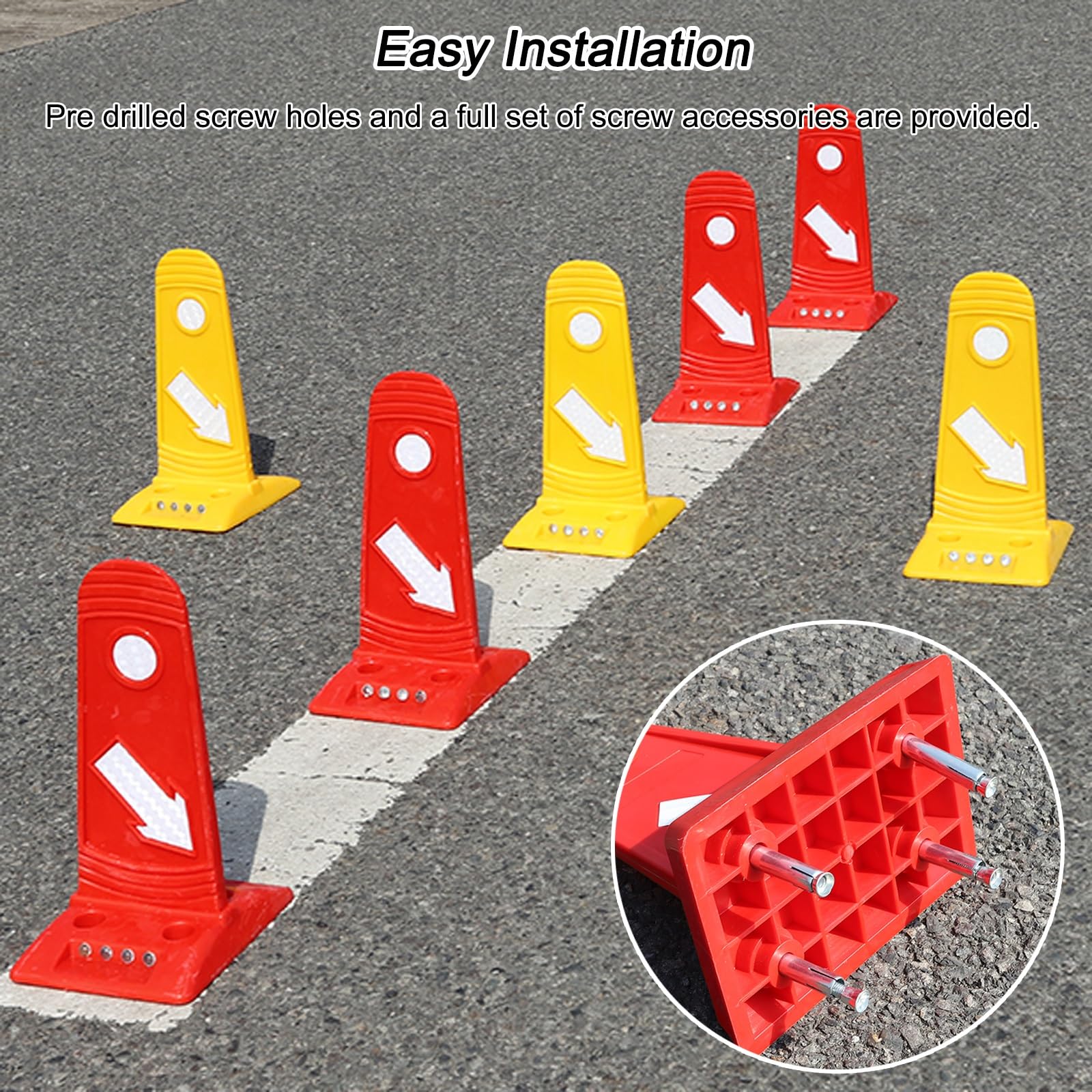 Postes Separadores de 29 Cm con Base, Conos Señalizacion con Bandas y Esferas Reflectantes, para Uso en Carreteras, Estacionamientos y Obras de Construcción(Red)