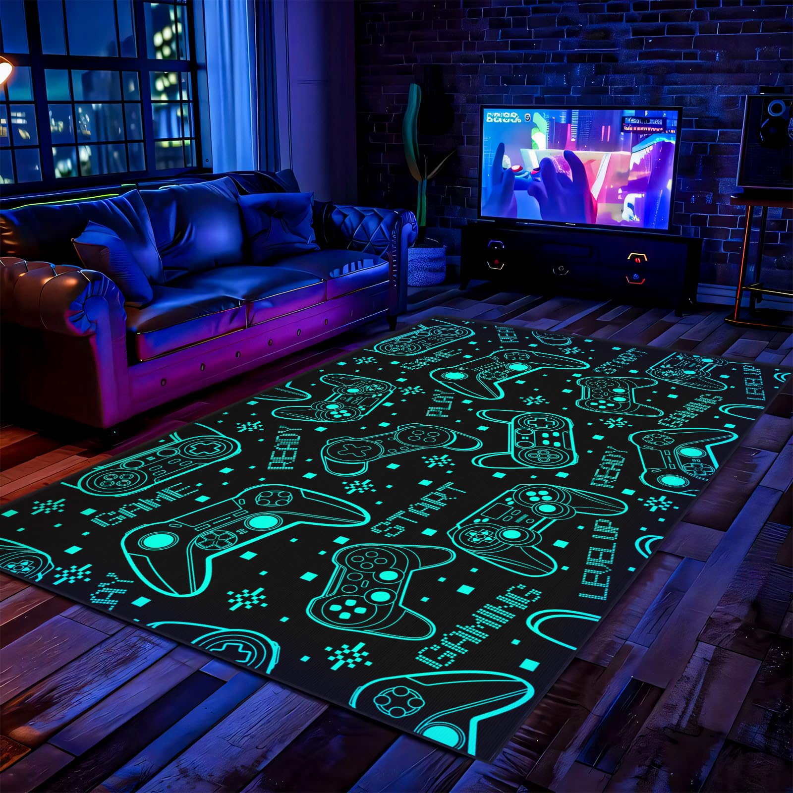 Auetwyona 4x6 Gaming Rug for Boys Room - 3D Printed Games Theme Fluorescent Green Gamer Area Rug for Livingroom Teen Boy Gamer Room Rug Decor Video