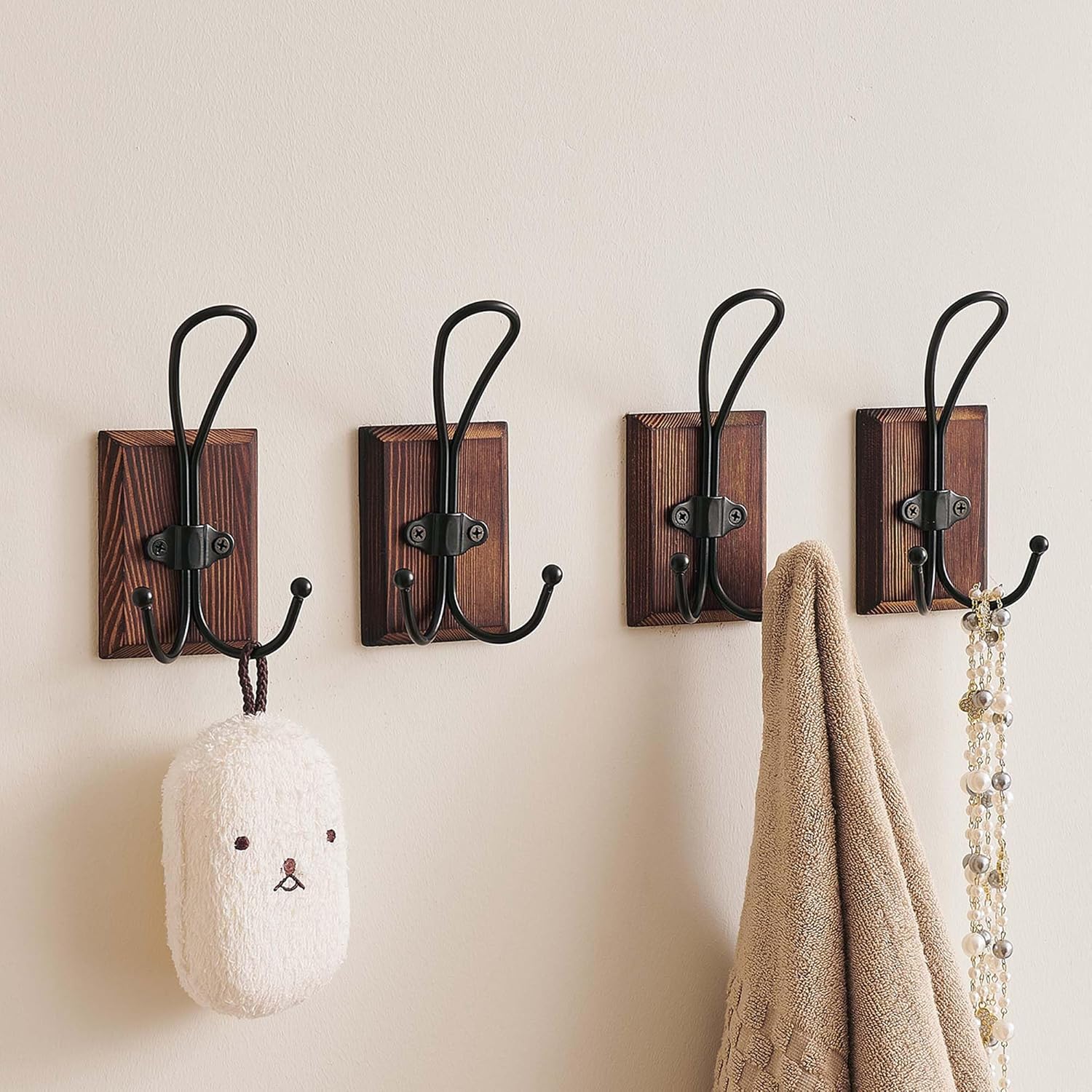 4 Pack Farmhouse Towel Hooks for Bathrooms, Heavy Duty Adhesive Mounted & Wall Mount Rustic Farmhouse Decorative Wood Wall Hooks for Hanging Towel Robe Coat (Brown) 4 Pack Brown