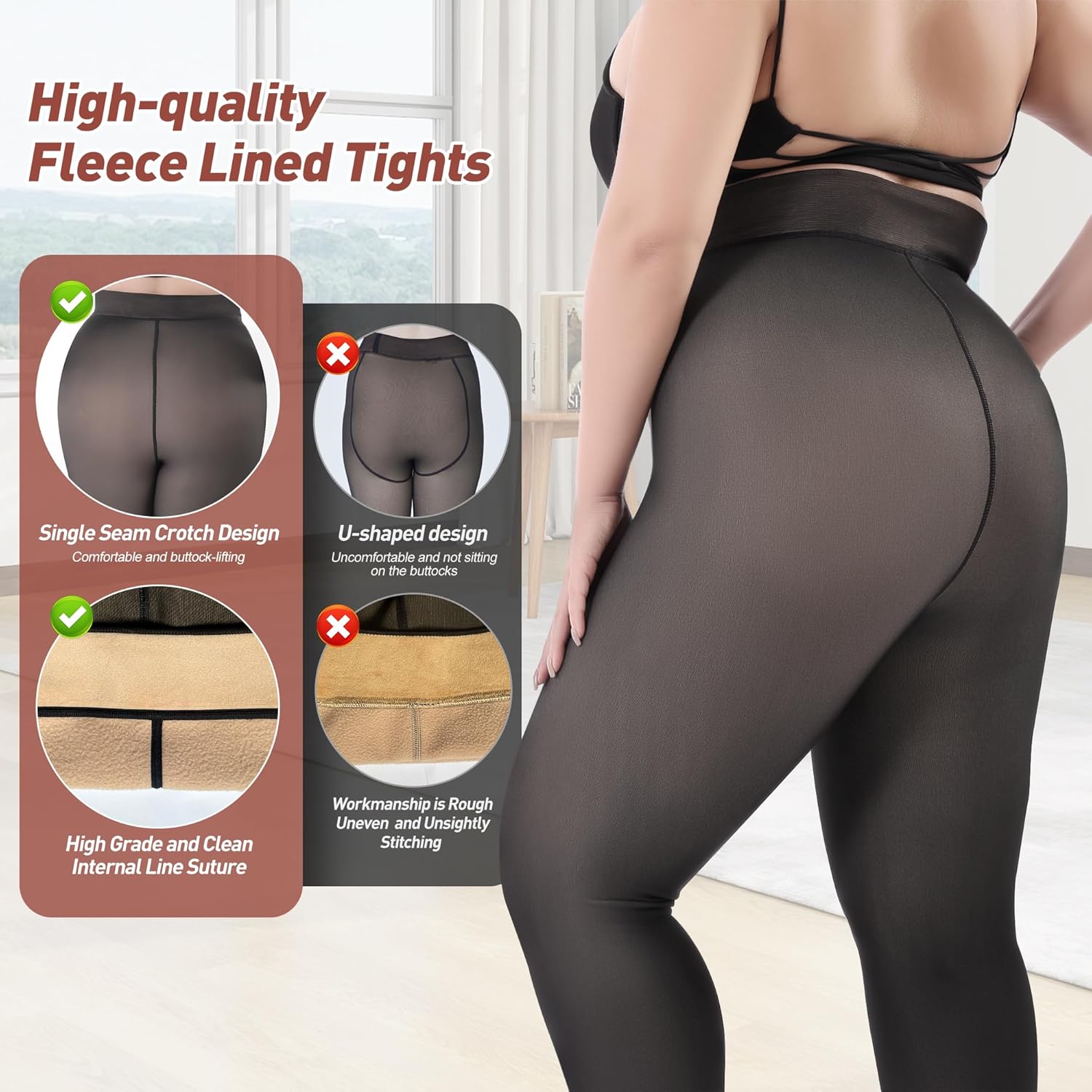 Plus Size Fleece Lined Tights Women, Fake Translucent Winter Thermal Pantyhose, High Waist Warm Thermal Leggings. - Image 2
