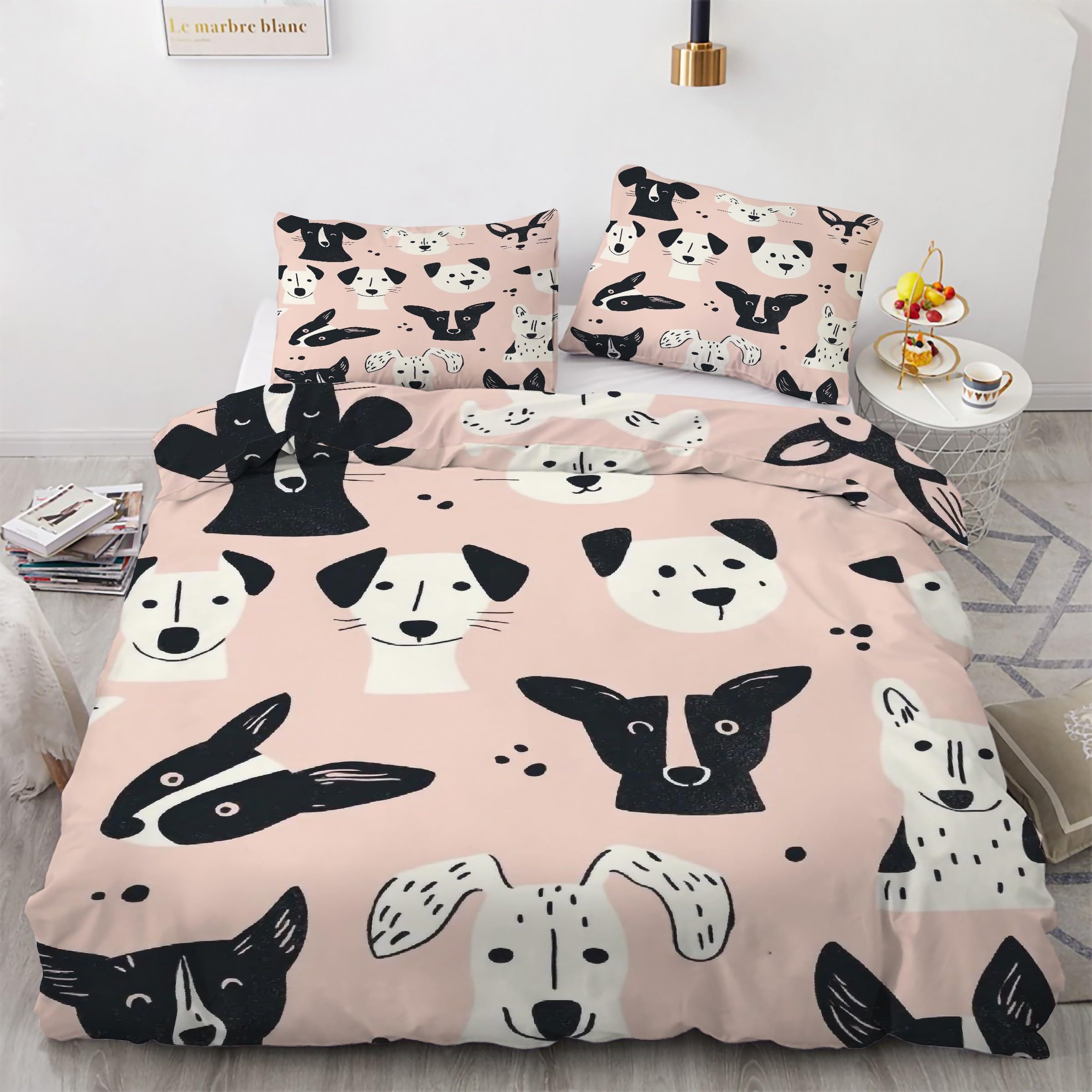Housse de couette 220x240 chiot parure de lit rose avec 2 taies d'oreiller