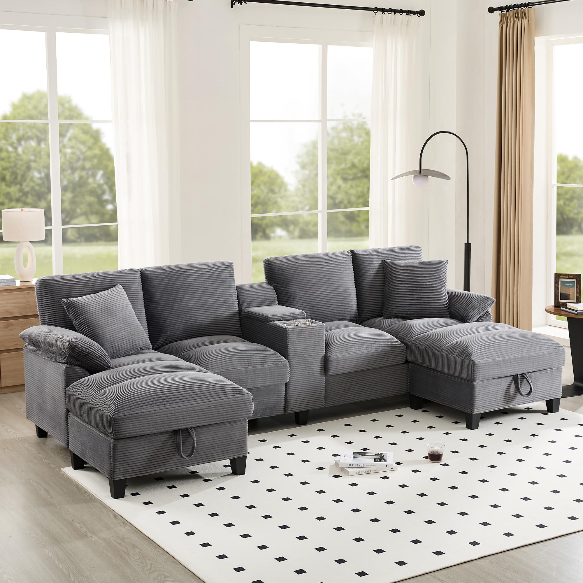 Sofa modułowa w kształcie litery U, 293 cm, z miejscem do przechowywania i USB – 4-osobowa sofa sztruksowa z uchwytem na napoje, szara – przytulna rodzinna sofa do salonu z funkcją spania dla