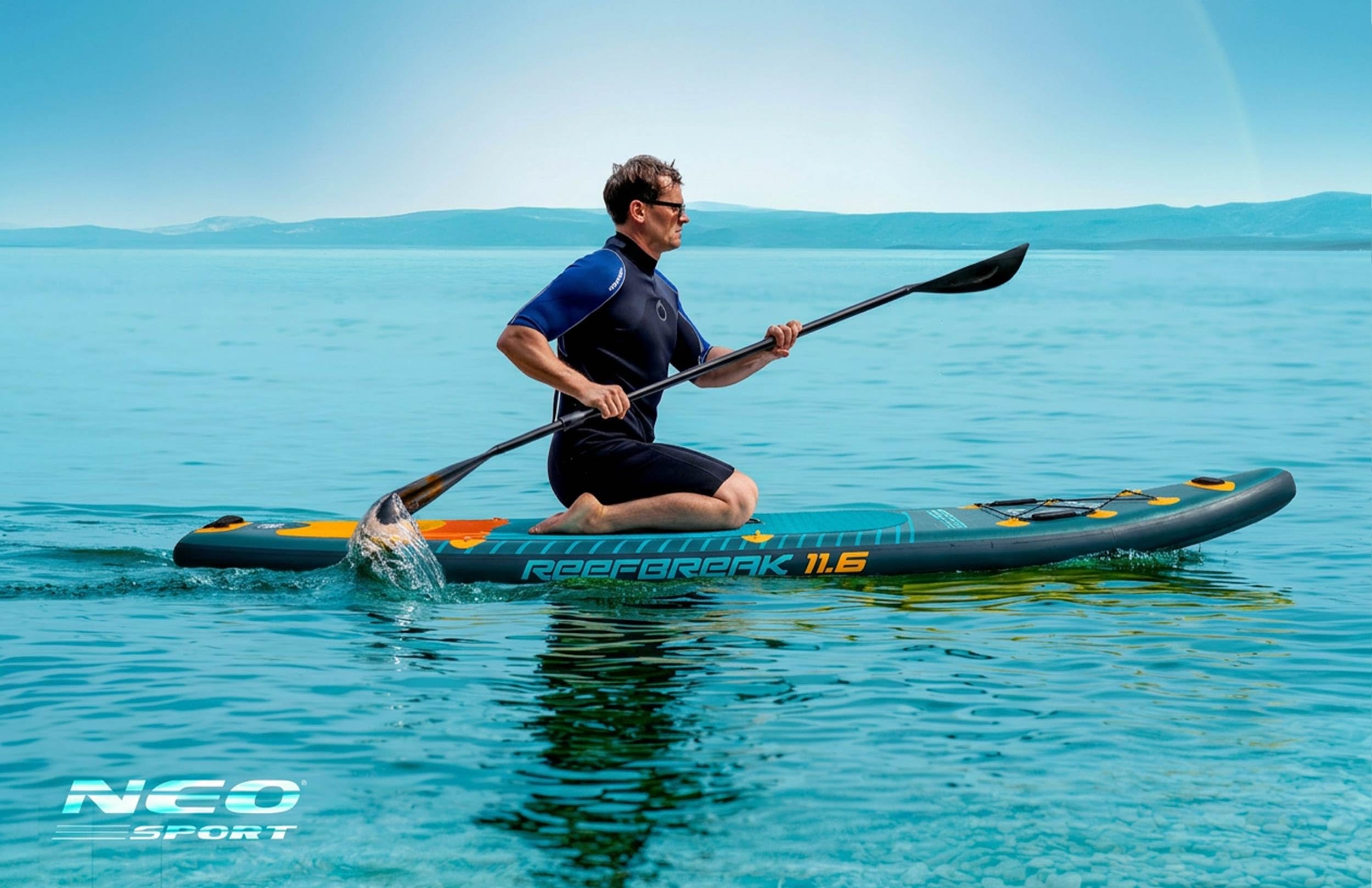 Neo-Sport Stand Up Paddling Board Reefbreak 11.6 - Allround SUP Board Set für Touren und Freizeit - 350 x 81 x 15 cm - bis 150 kg - mit Paddel, Pumpe, Leash und Rucksack