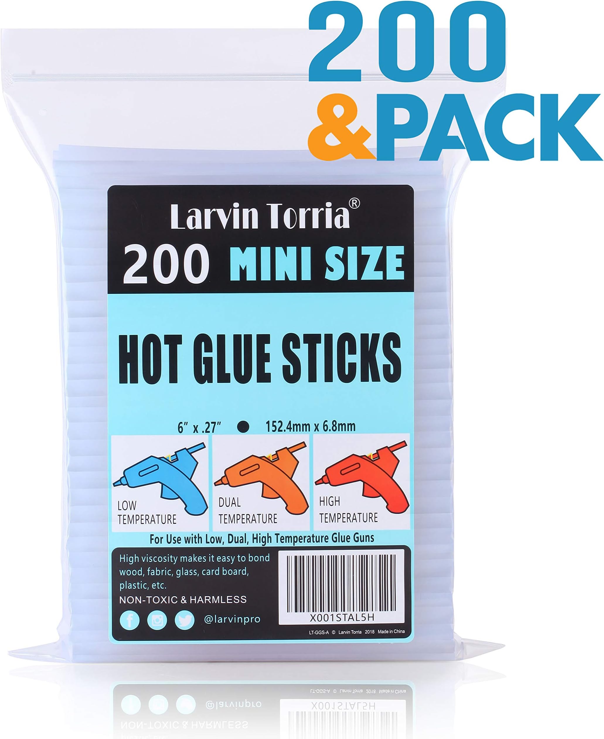 200 Pack, 6” Length and 0.27” Diameter Mini Size Hot Glue Sticks, High Viscosity and Transparent, Use with All Temperature Mini Glue Guns, Ideal for Art Craft, Basic Repairs and DIYs