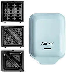 AROMA® Prensa Panini 3 em 1, sanduicheira e máquina de waffle com placas revestidas de cerâmica removíveis
