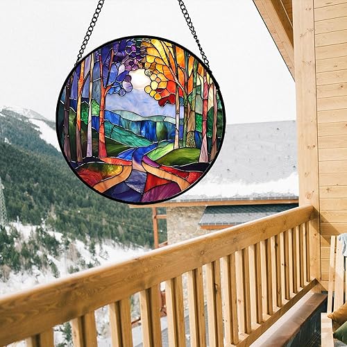 Miniatura 10 de Vidriera Colgante para Ventana, Colorido Árbol de la Vida Atrapasoles Panel de Vidrio Azul Decoración Atrapasol para Cumpleaños para Mujeres